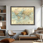 The image is a framed vintage map of the world, depicting the continents and oceans in a detailed and colorful manner.
