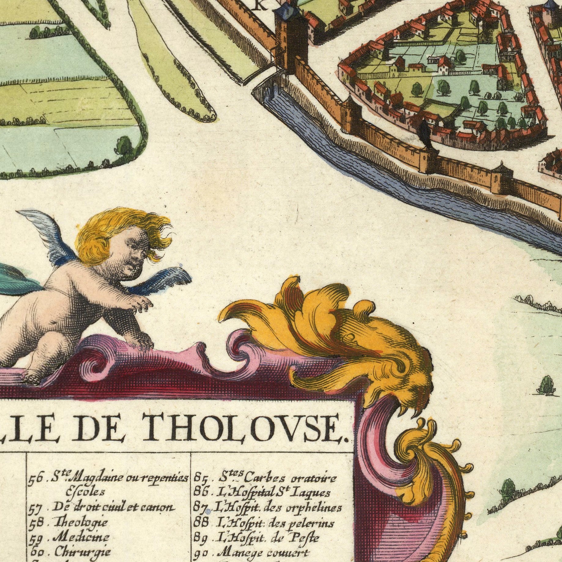 The image is a detailed map of a city, featuring a cherub and a castle in the foreground. The map includes various landmarks and buildings, providing a comprehensive view of the city's layout and layout.