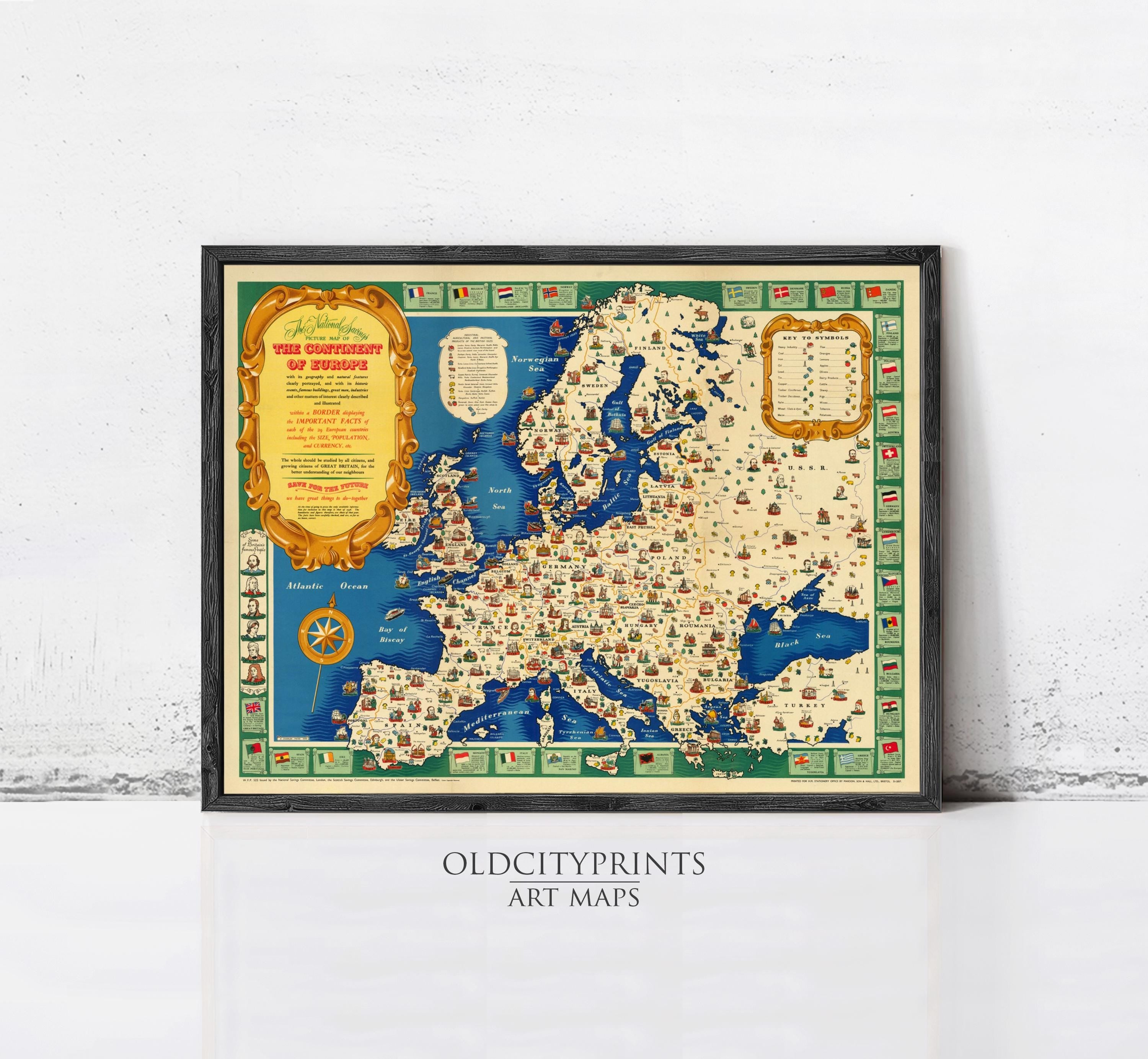The image is a framed vintage map of Europe, featuring various landmarks and symbols in different colors.