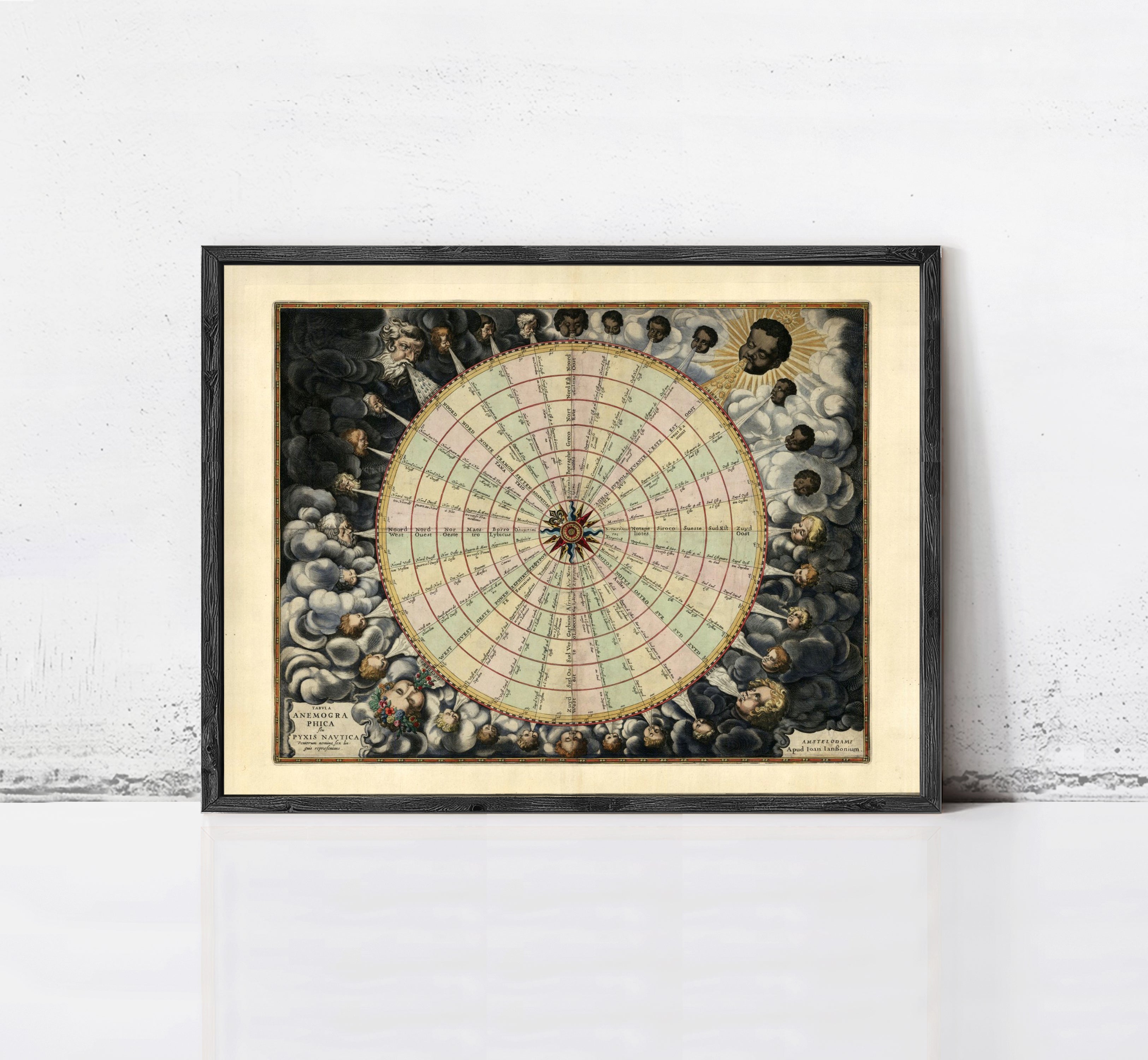 The image is a framed vintage map depicting a wheel with various celestial bodies and symbols surrounding it.