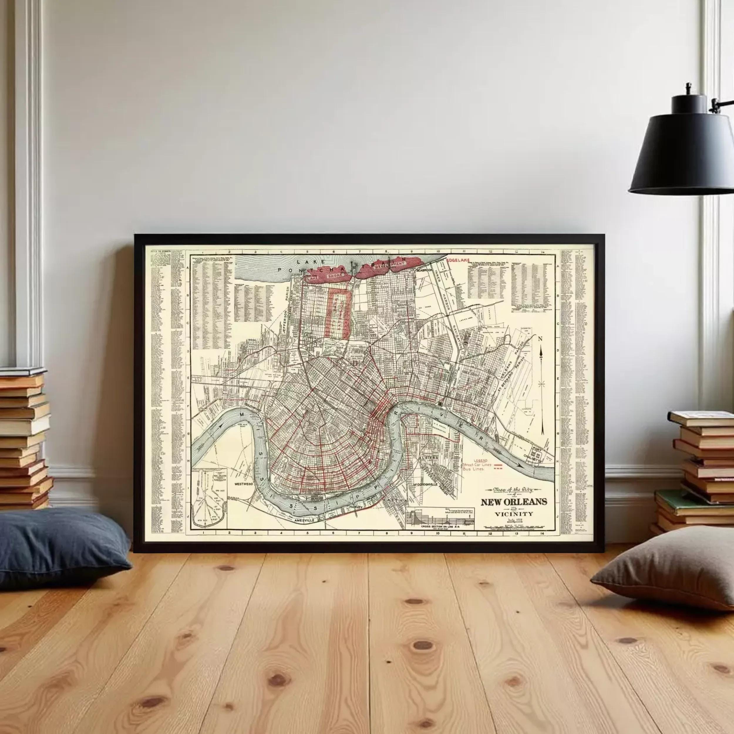The image is a framed vintage map of New Orleans, Louisiana, depicting the city's layout and surrounding areas.