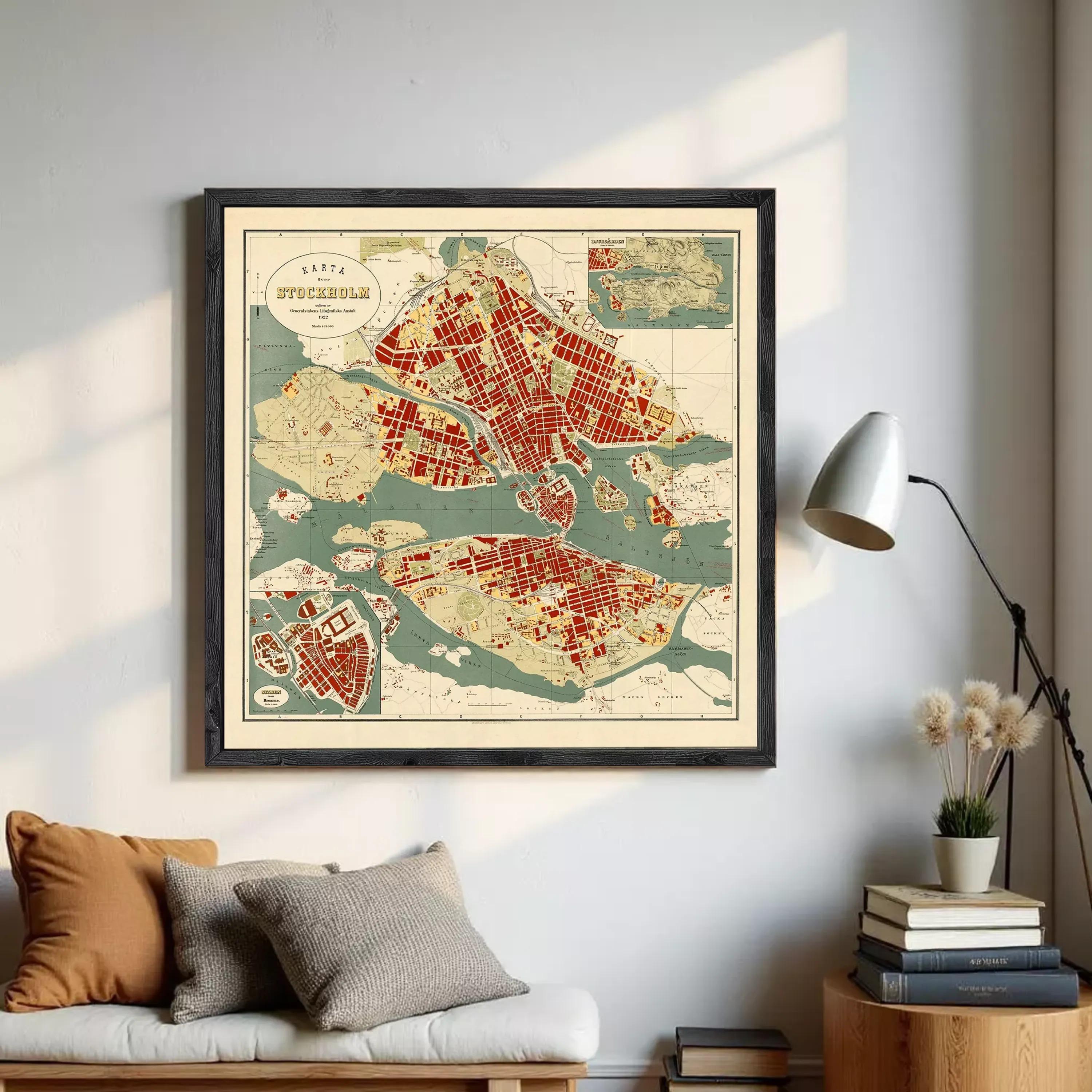 The image is a framed map of Stockholm, Sweden, depicting the city's streets, landmarks, and surrounding areas.