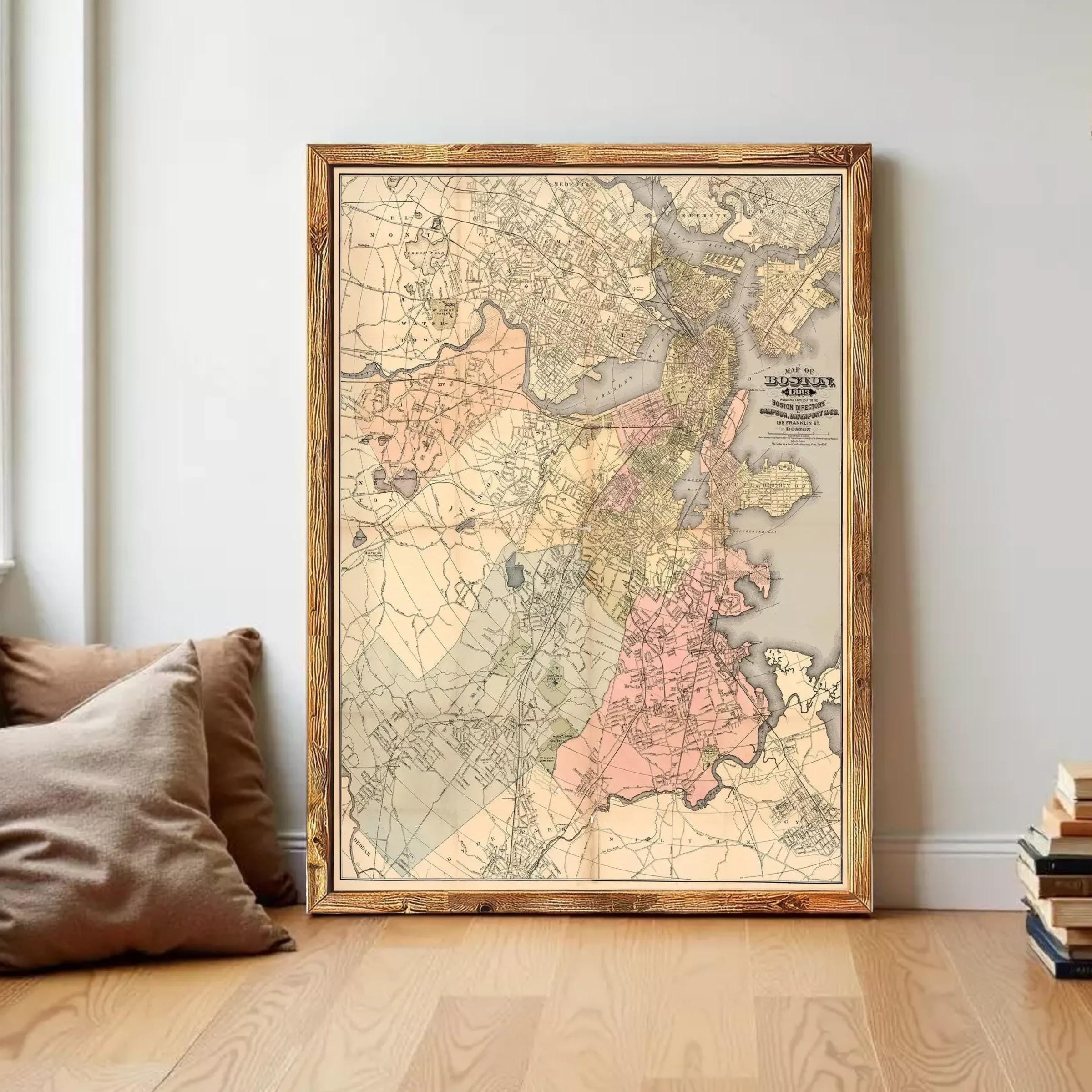 The image is a framed vintage map of Boston, Massachusetts, with a wooden frame.