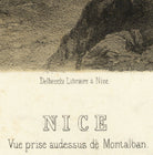 The image is a collage of two separate images, one depicting a mountain and the other showing a person's face. The text below the images reads "Delbeeche Libraire a Nice. NICE. Vue prie audiessus de Montalban."