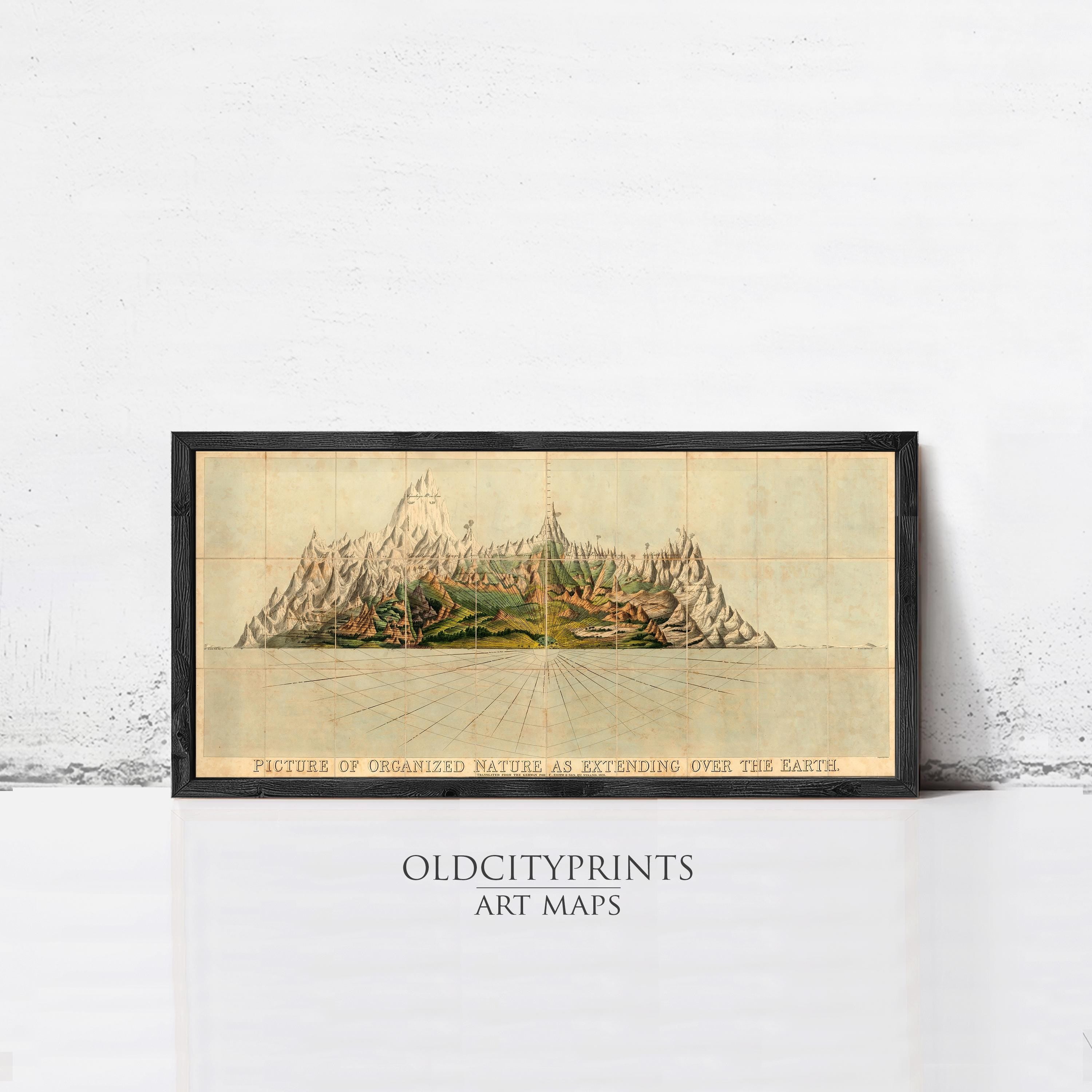 The image is a framed art print depicting a landscape with mountains and a body of water.