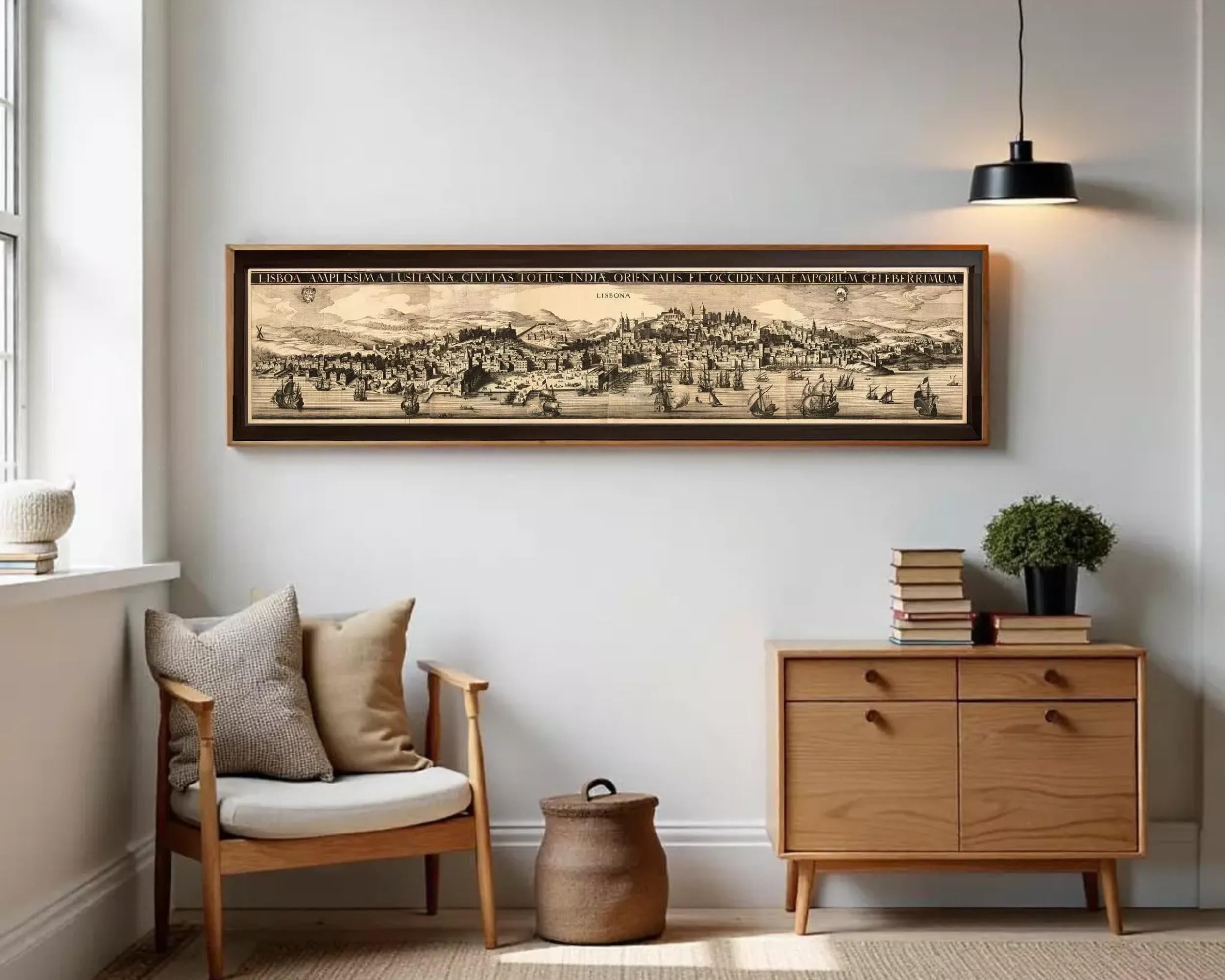 a cozy living room with a large framed map hanging on the wall, a wooden chair, a wooden dresser, and a small basket on the floor.