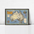 The image is a framed vintage map of Australia, depicting the country's geographical features and landmarks.