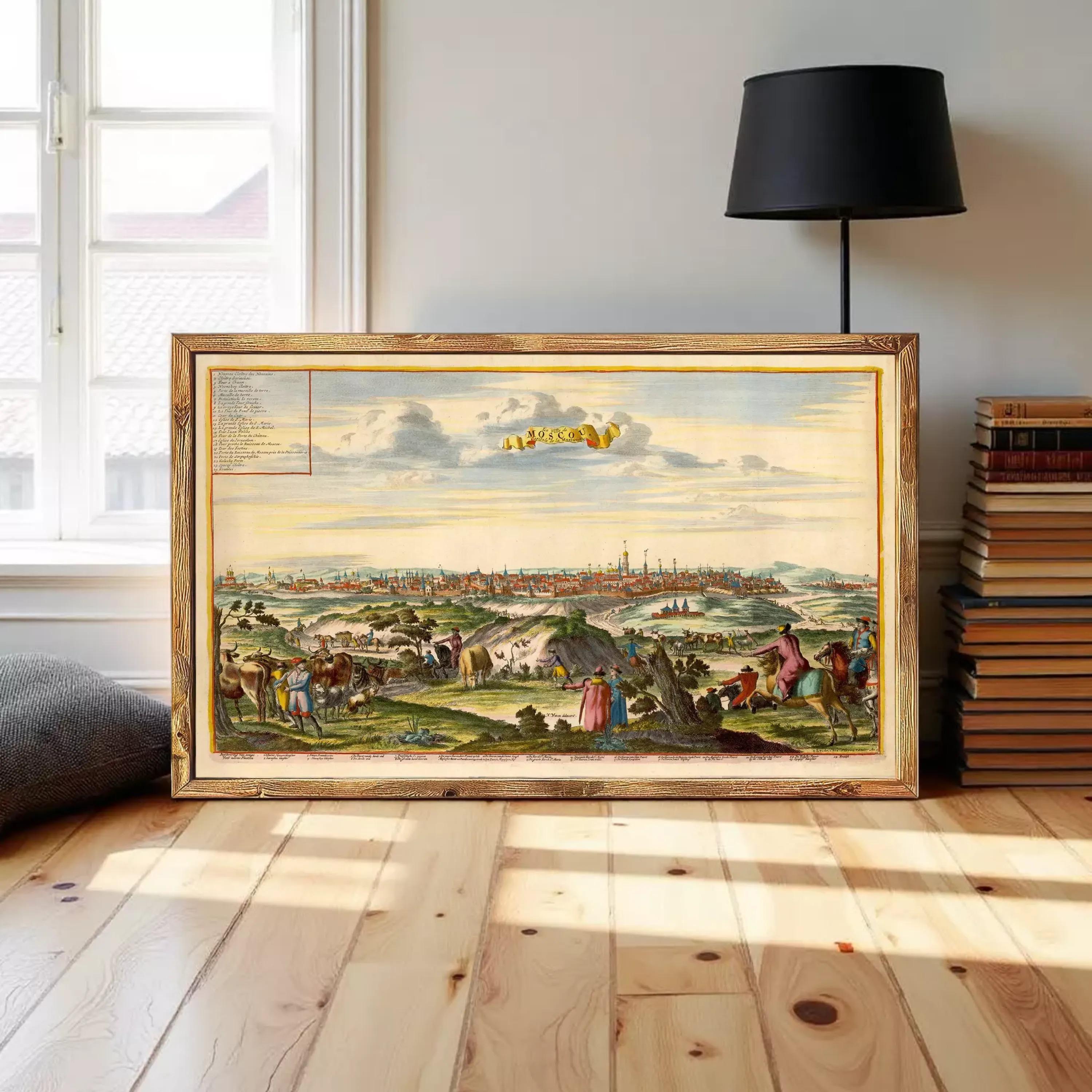 The image is a framed painting depicting a cityscape with people, horses, and buildings in the background.