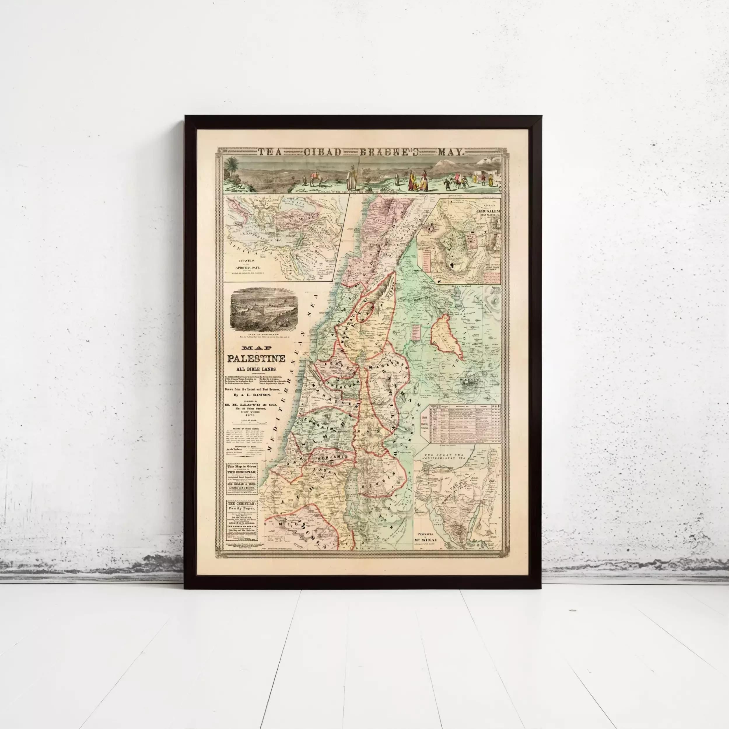 The image is a framed historical map of the Middle East, specifically focusing on the region of Palestine.