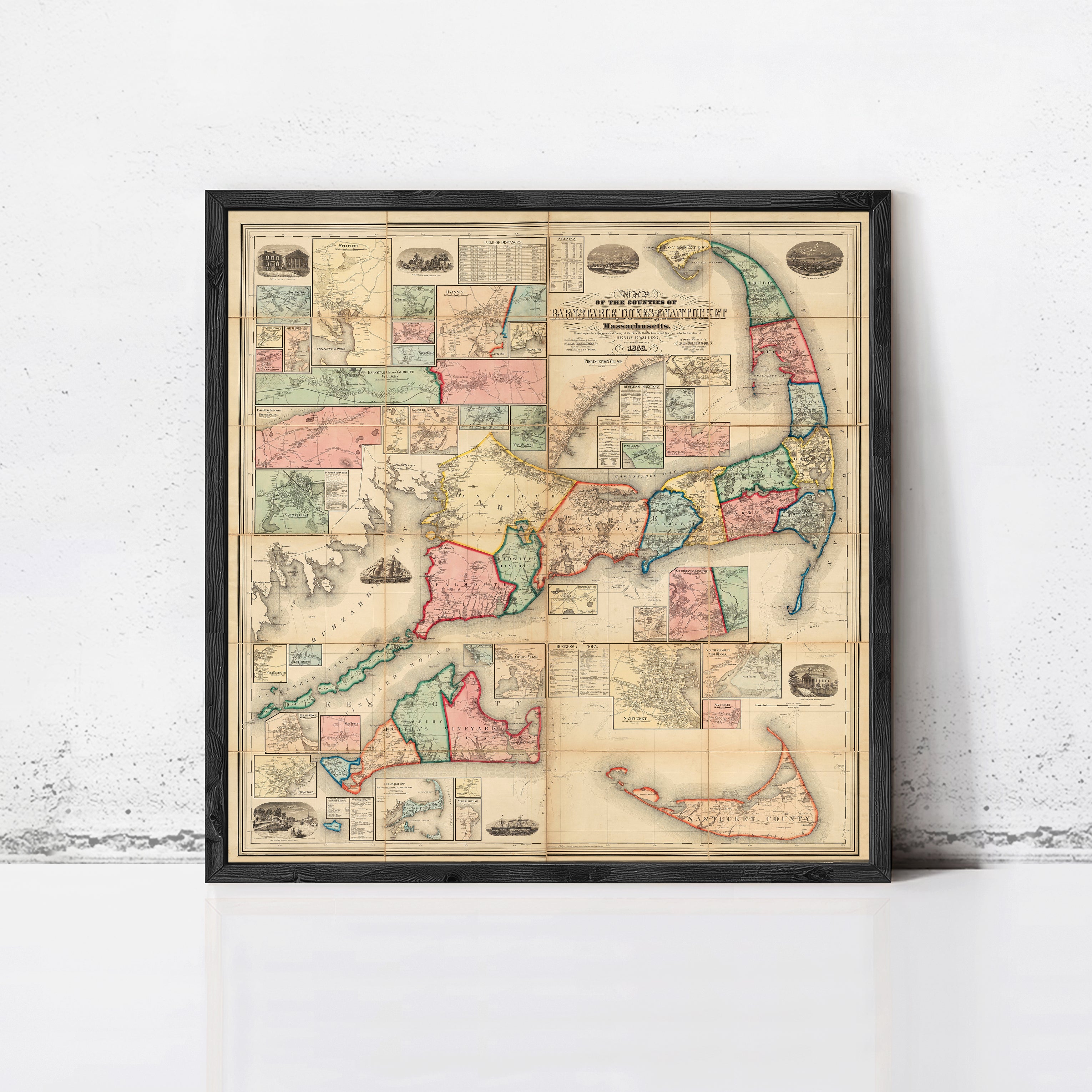 The image is a framed vintage map of the United States, depicting the states and their geographical features.