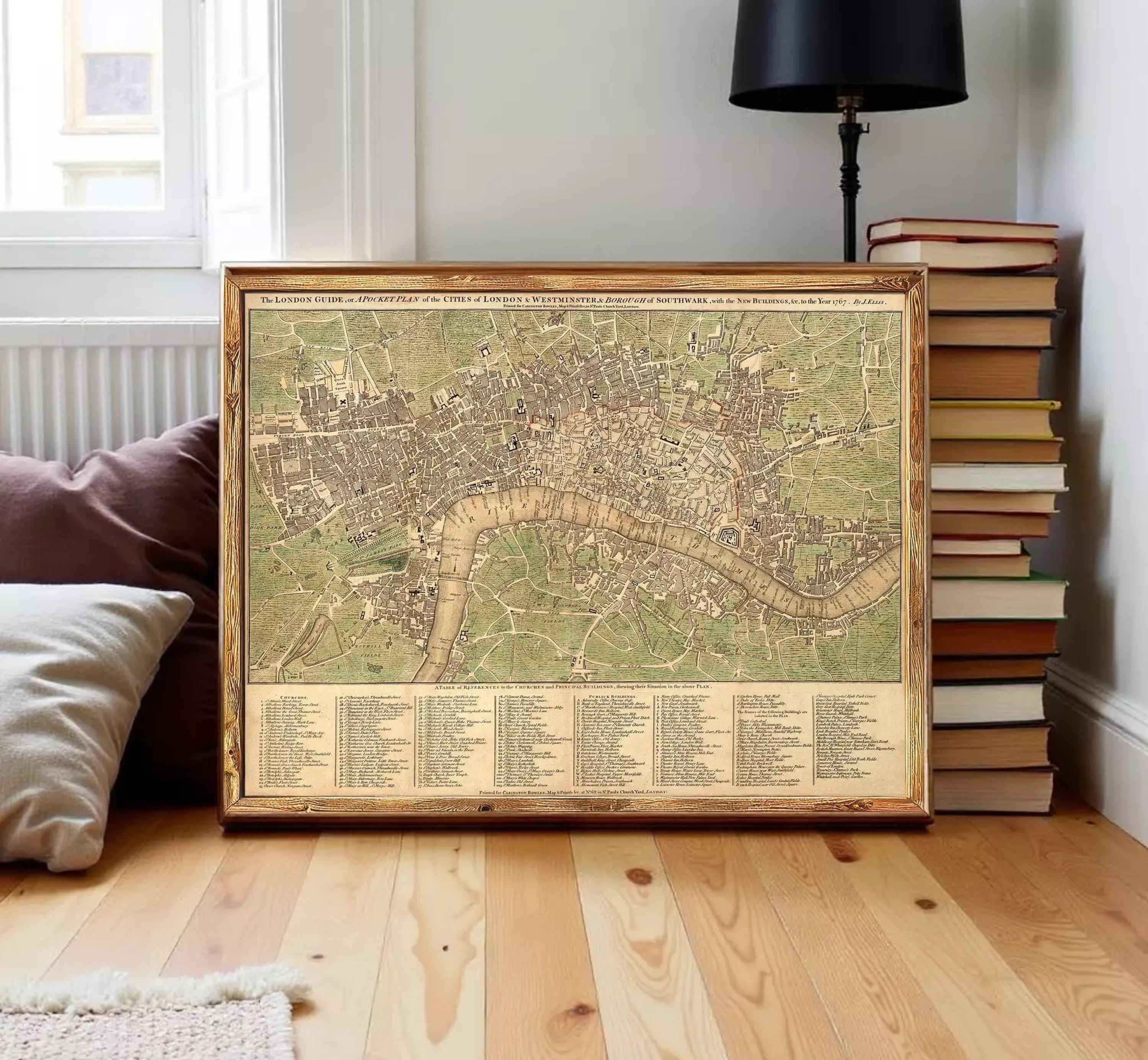 The image is a framed vintage map of London, England, depicting the city's layout and surrounding areas.