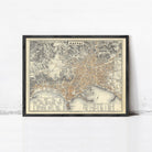 The image is a framed vintage map of the city of Naples, Italy, depicting the city's layout and surrounding areas.