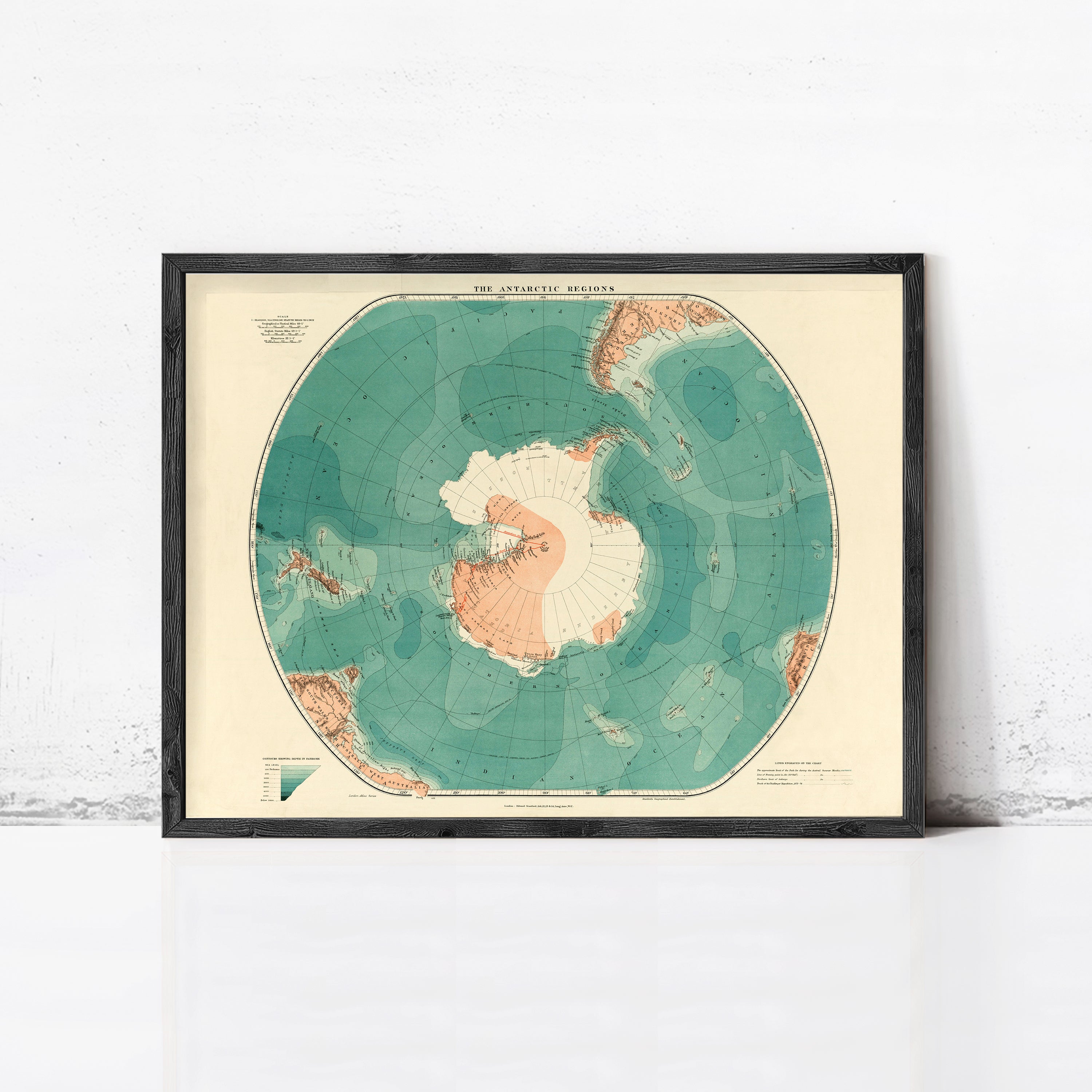 The image is a framed vintage map of the Arctic regions, depicting the Arctic Ocean and surrounding landmasses.