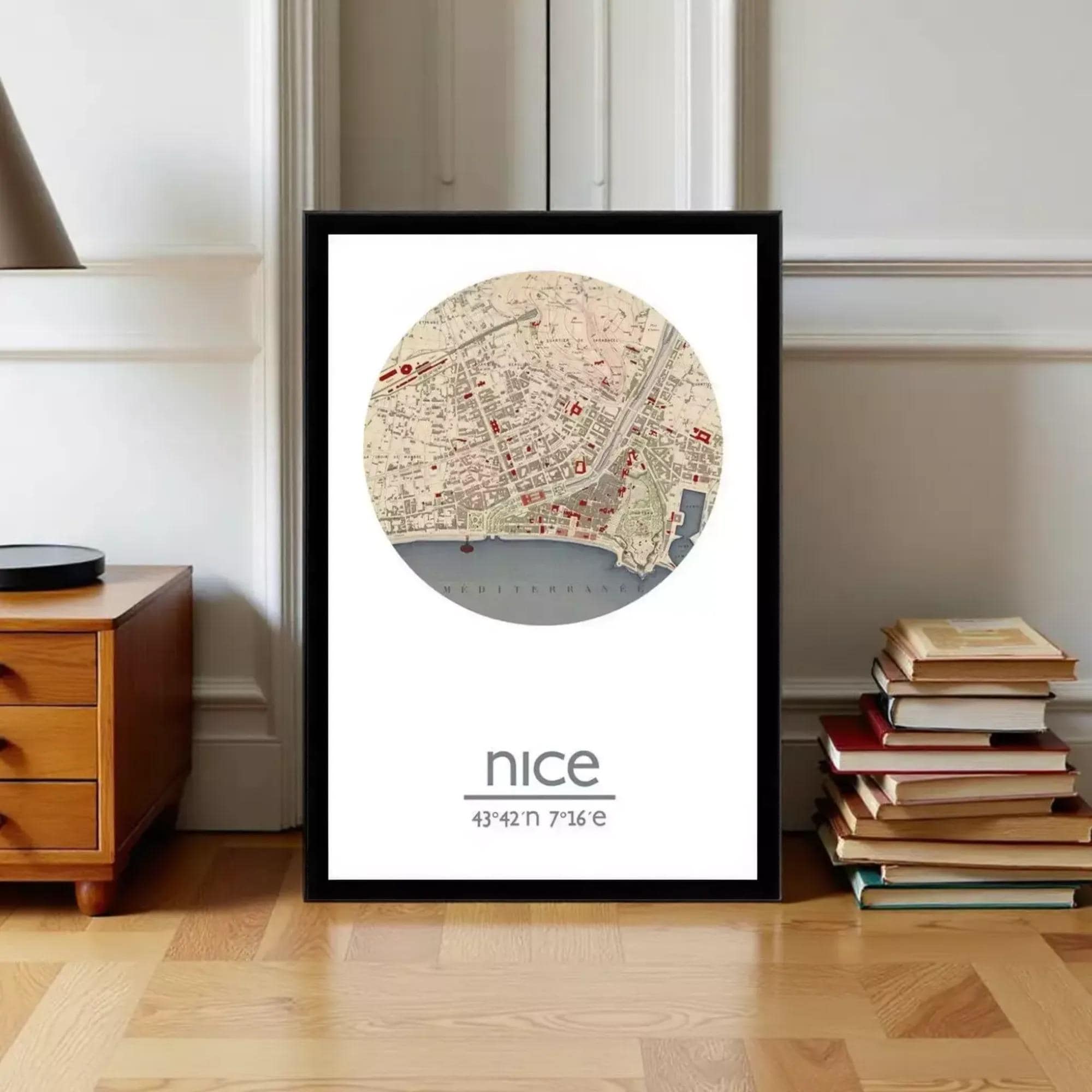 A framed map of Nice, France, with the word "nice" written below it.