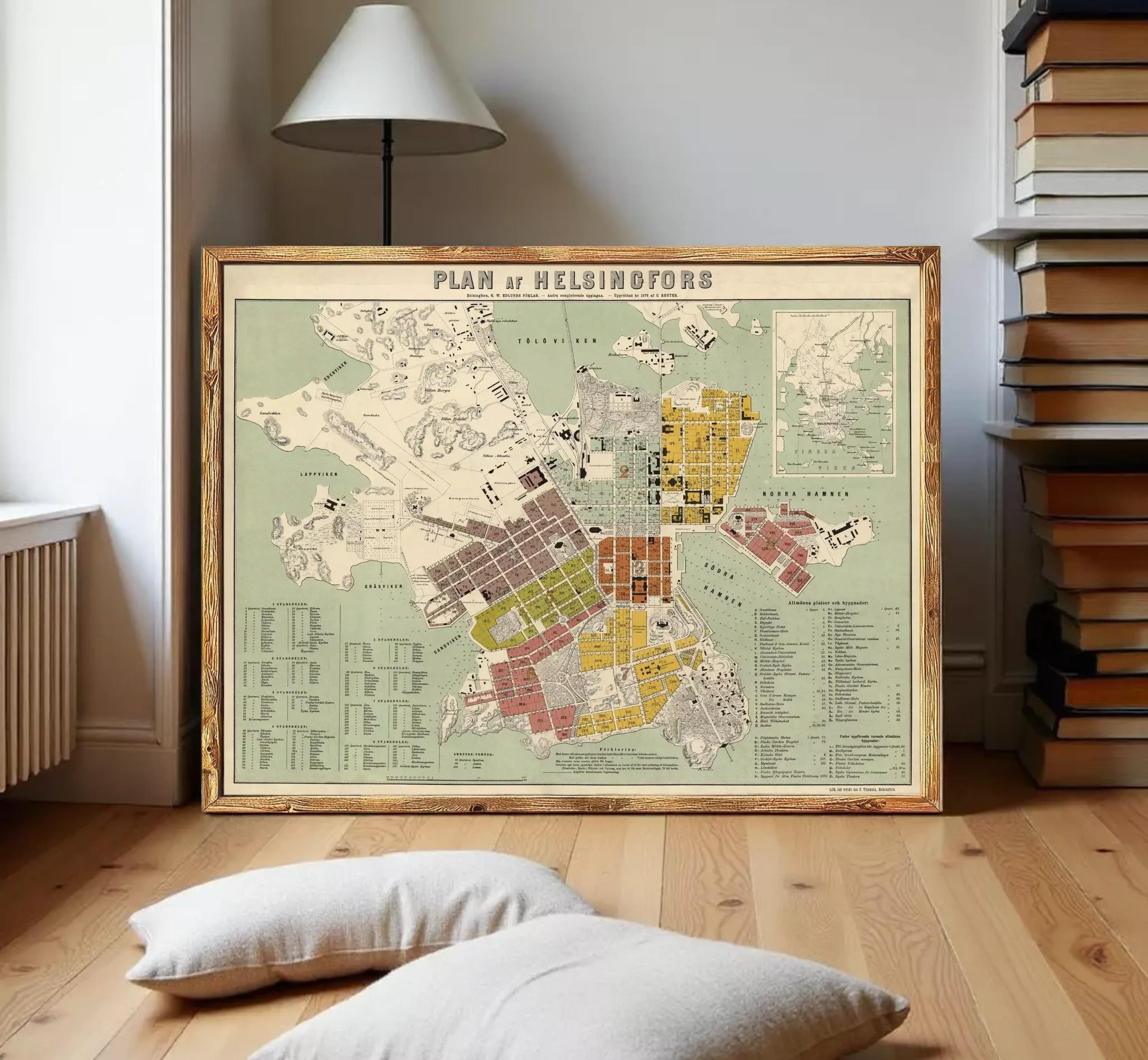 The image is a framed map of Helsinki, Finland, showing the city's layout and various landmarks.