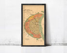 The image is a framed vintage map of a city, likely from the 19th century, with a focus on the city's layout and surrounding areas.