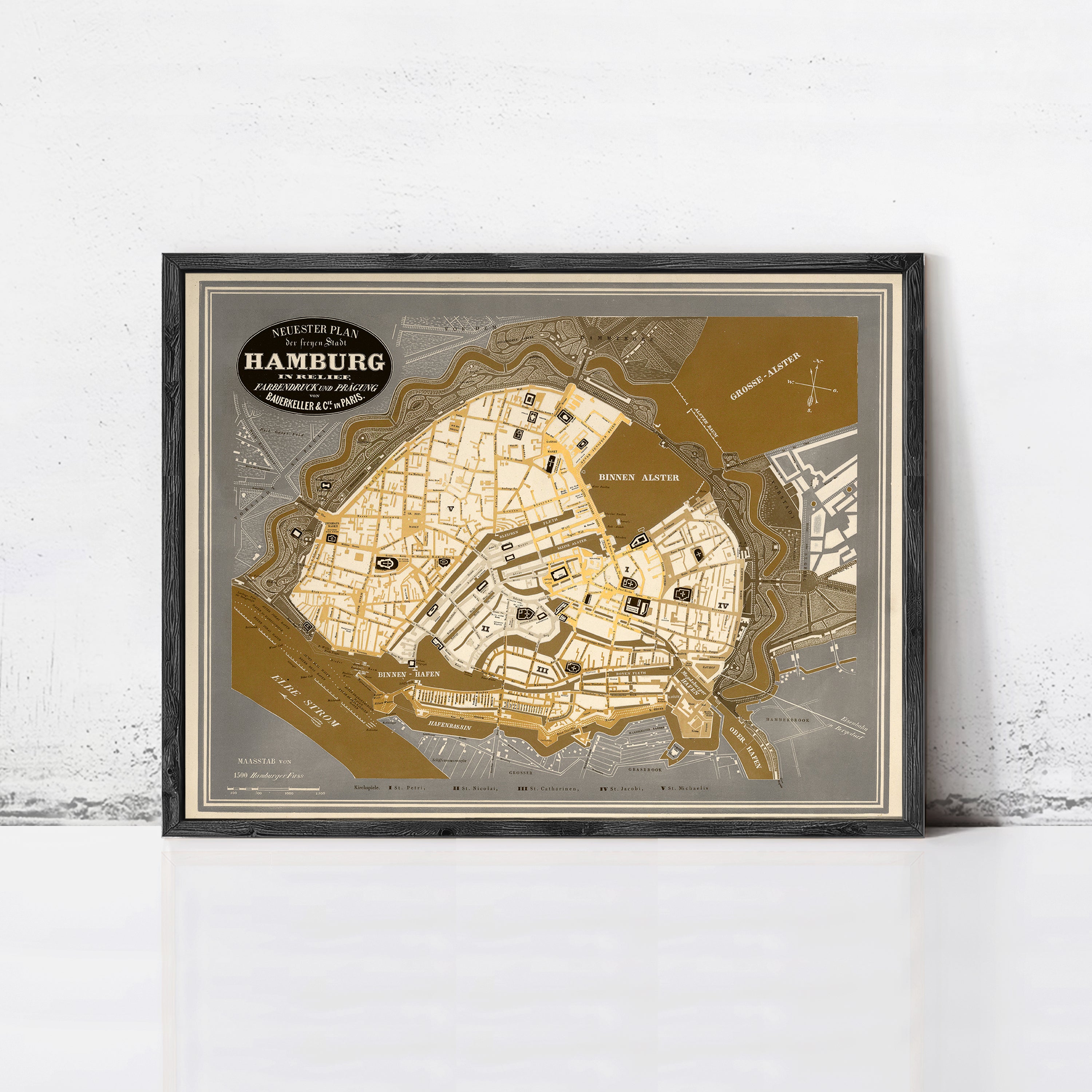 The image is a framed map of Hamburg, Germany, depicting the city's streets, landmarks, and surrounding areas.
