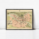 The image is a framed vintage map of Lyon, France, depicting the city's layout and surrounding areas.