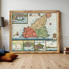 The image is a framed vintage map of a region, likely depicting a coastal area with various landmarks and bodies of water.