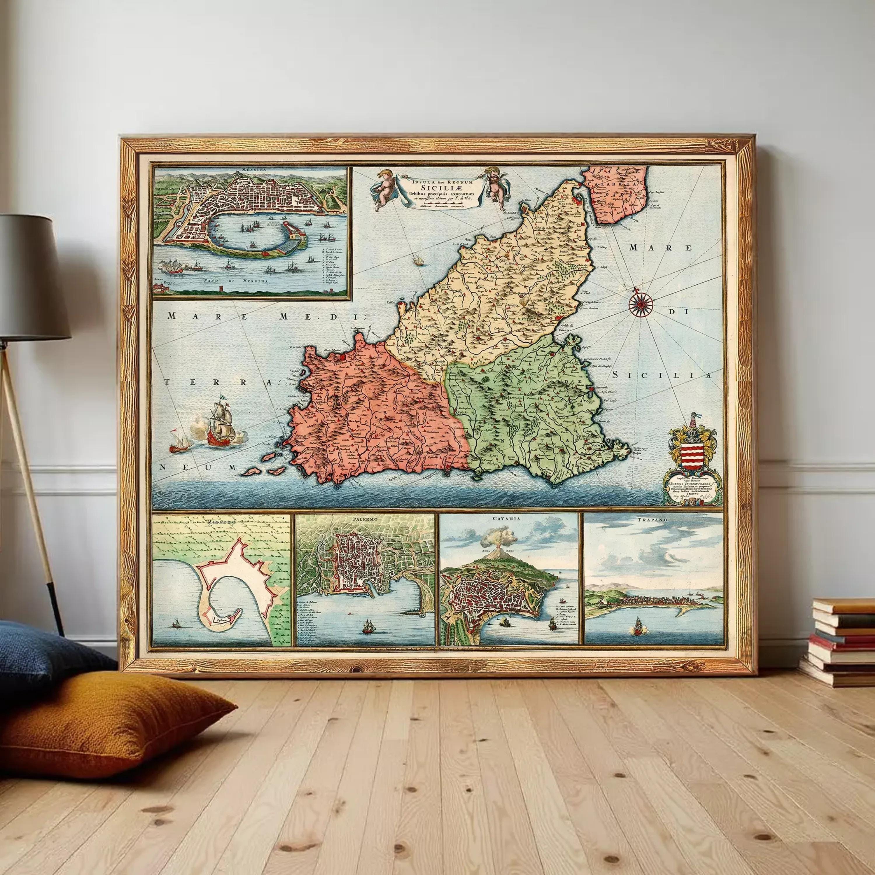 The image is a framed vintage map of a region, likely depicting a coastal area with various landmarks and bodies of water.