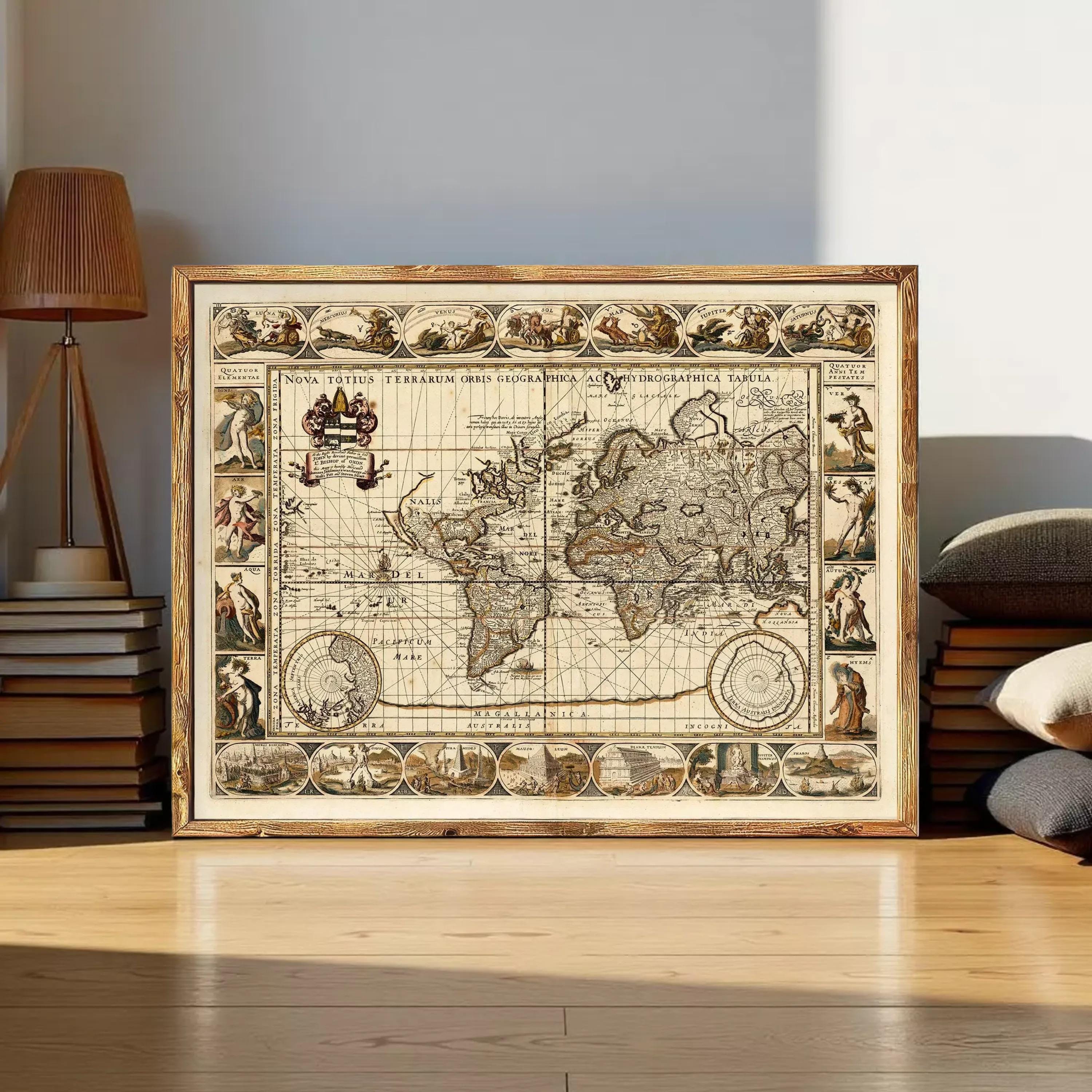 The image is a framed antique map of the world, featuring intricate illustrations and detailed cartography.
