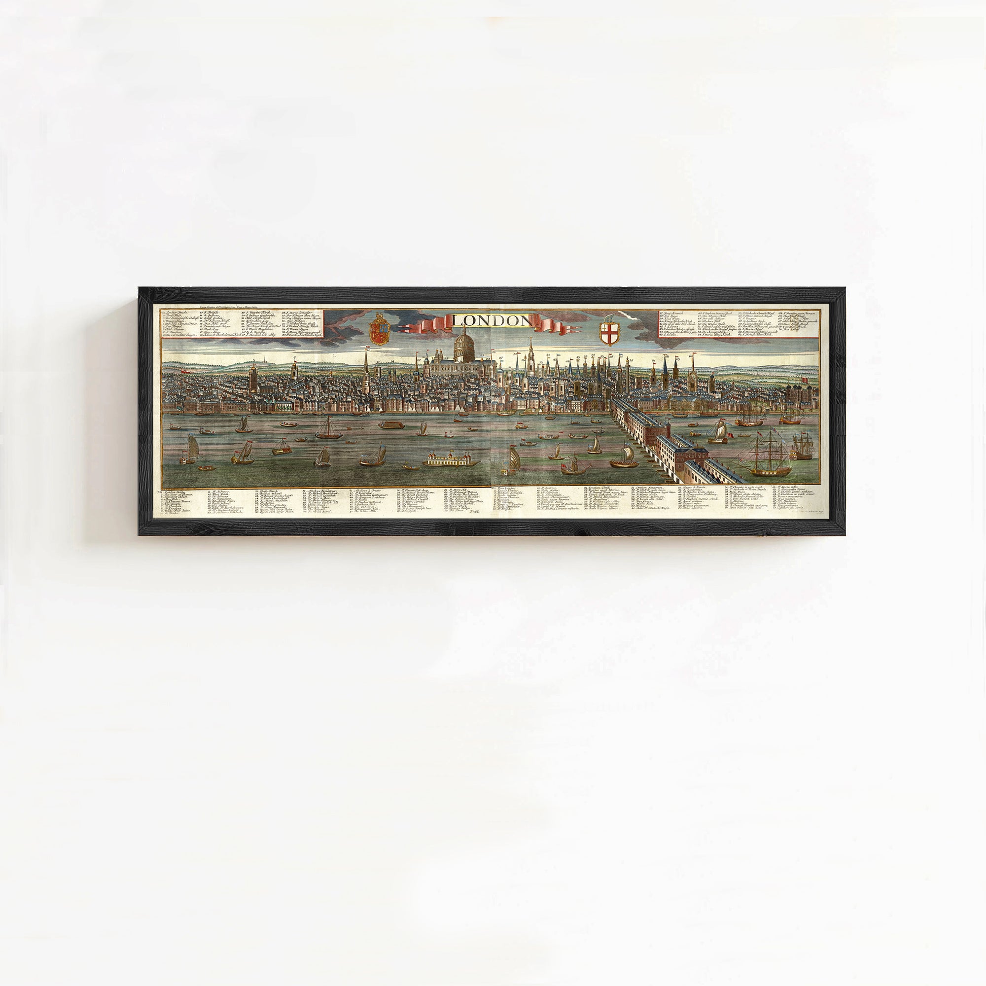 The image is a framed painting or map of London, depicting the cityscape with various landmarks and buildings.