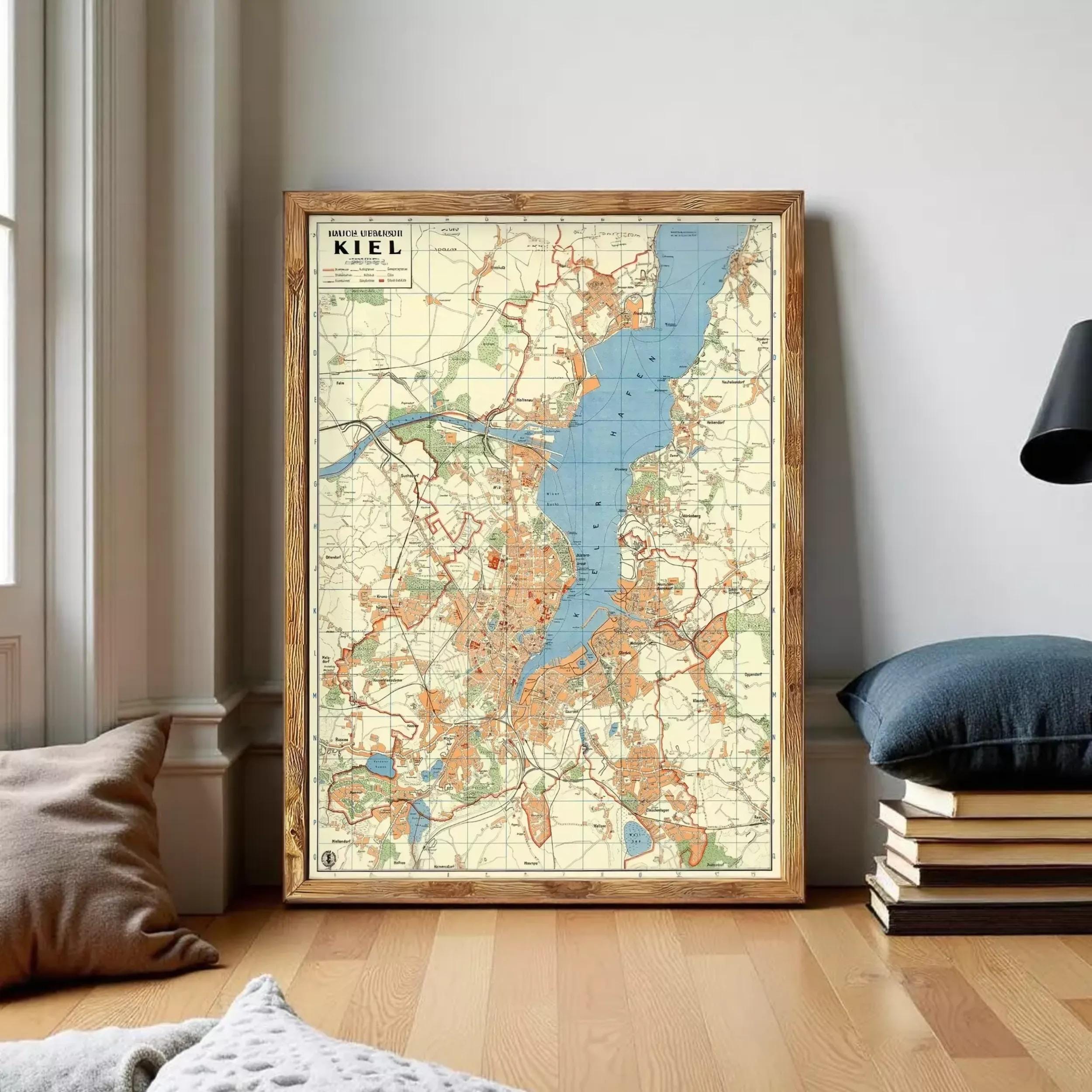 The image is a framed map of the city of Kiel, Germany, showing various landmarks and geographical features.