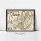 The image is a framed antique map of a city, likely from the 17th century, with detailed cartography and illustrations.