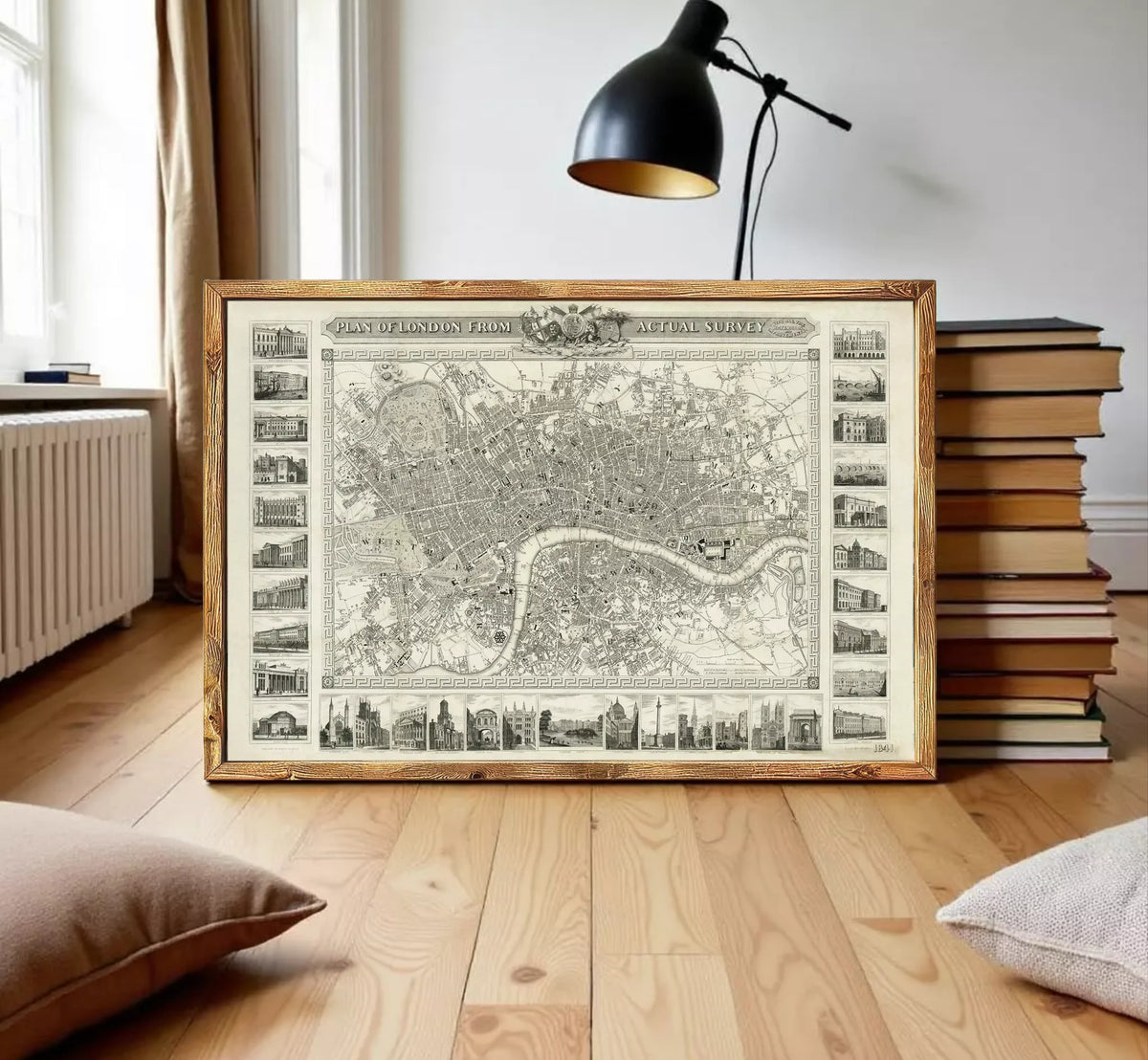 The image is a framed vintage map of London, England, with various landmarks and streets depicted in a detailed and intricate manner.