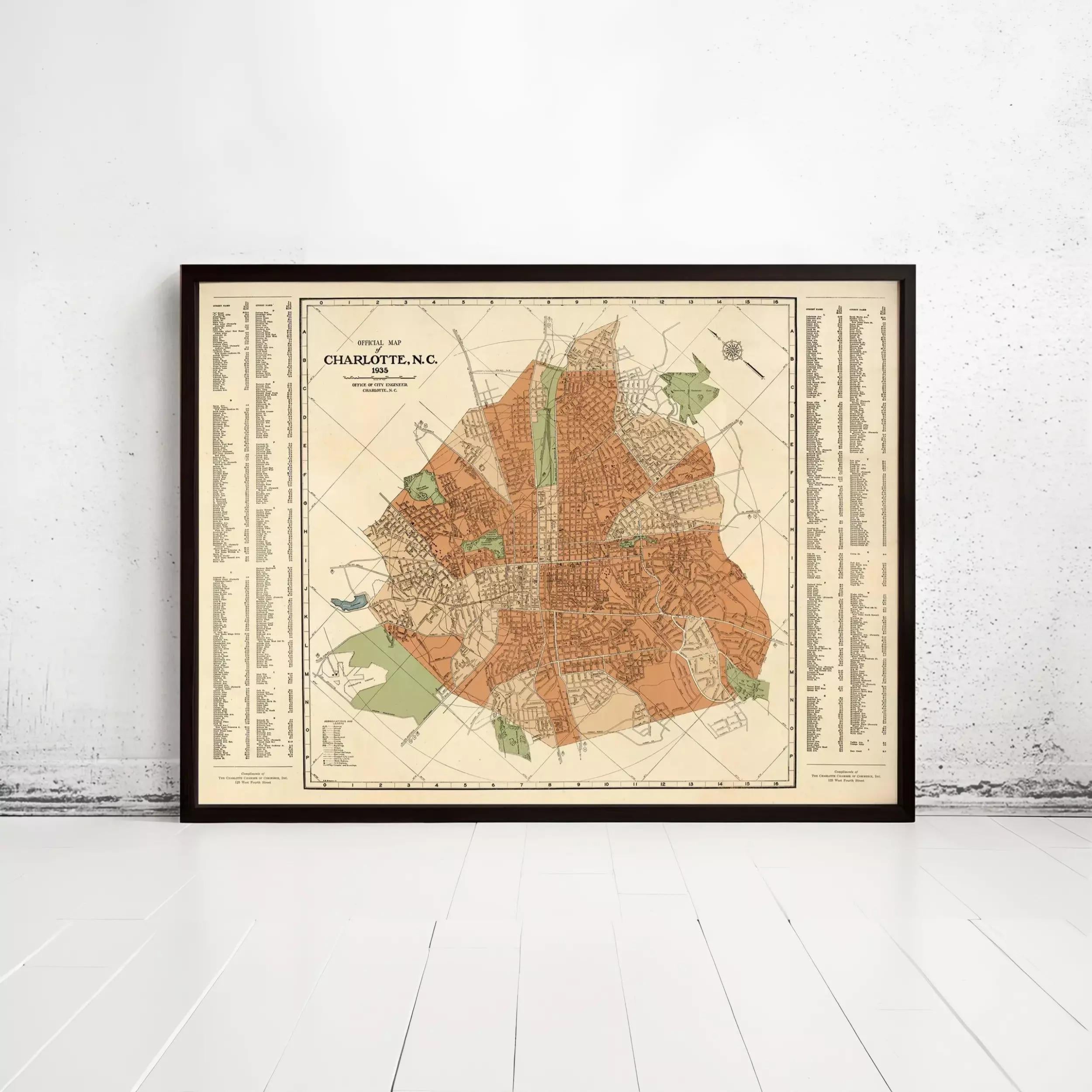The image is a framed vintage map of Charlotte, North Carolina, from the year 1855.