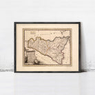 The image is a framed antique map of Italy, depicting the country's geographical layout and boundaries.