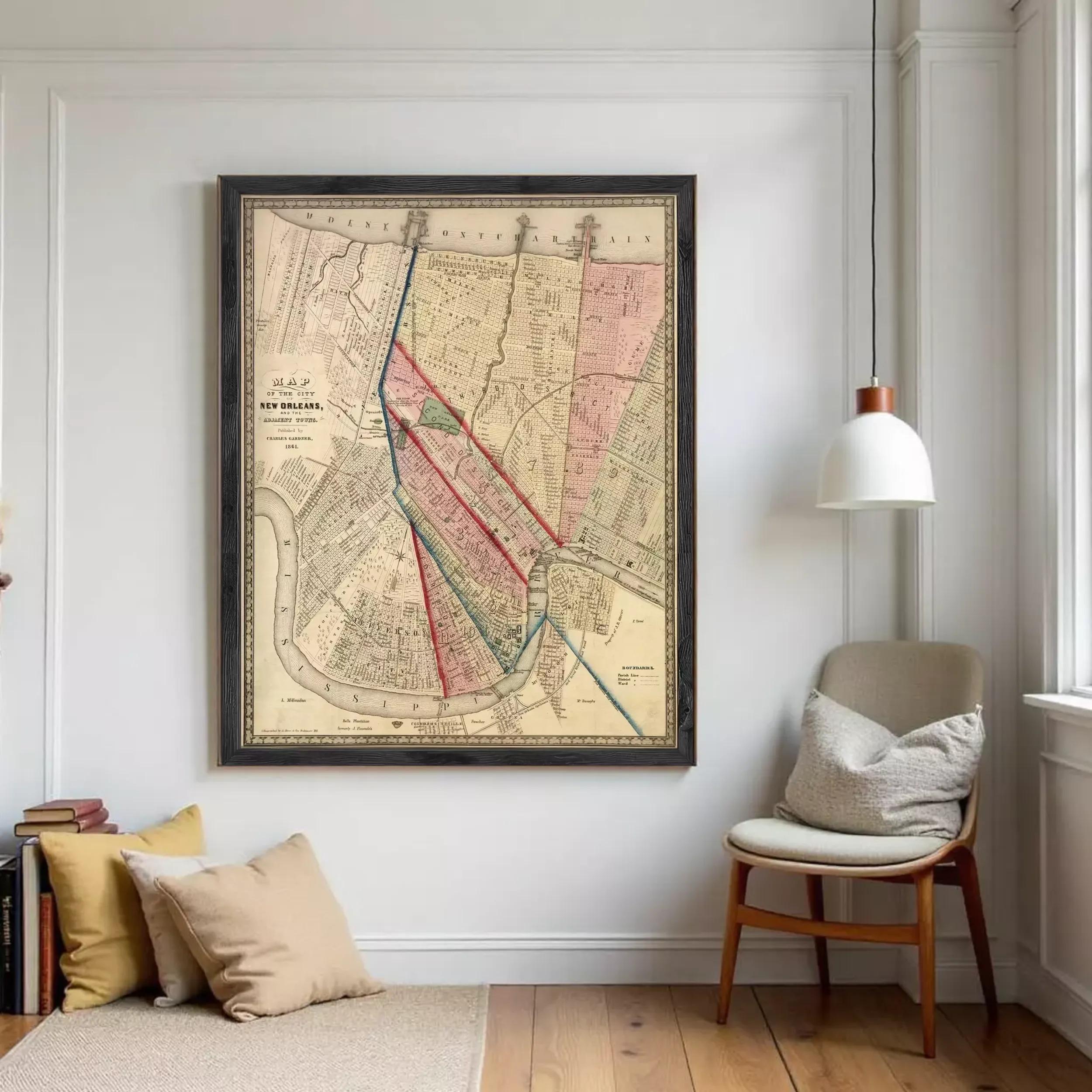 The image is a framed map of New Orleans, Louisiana, dated 1853.