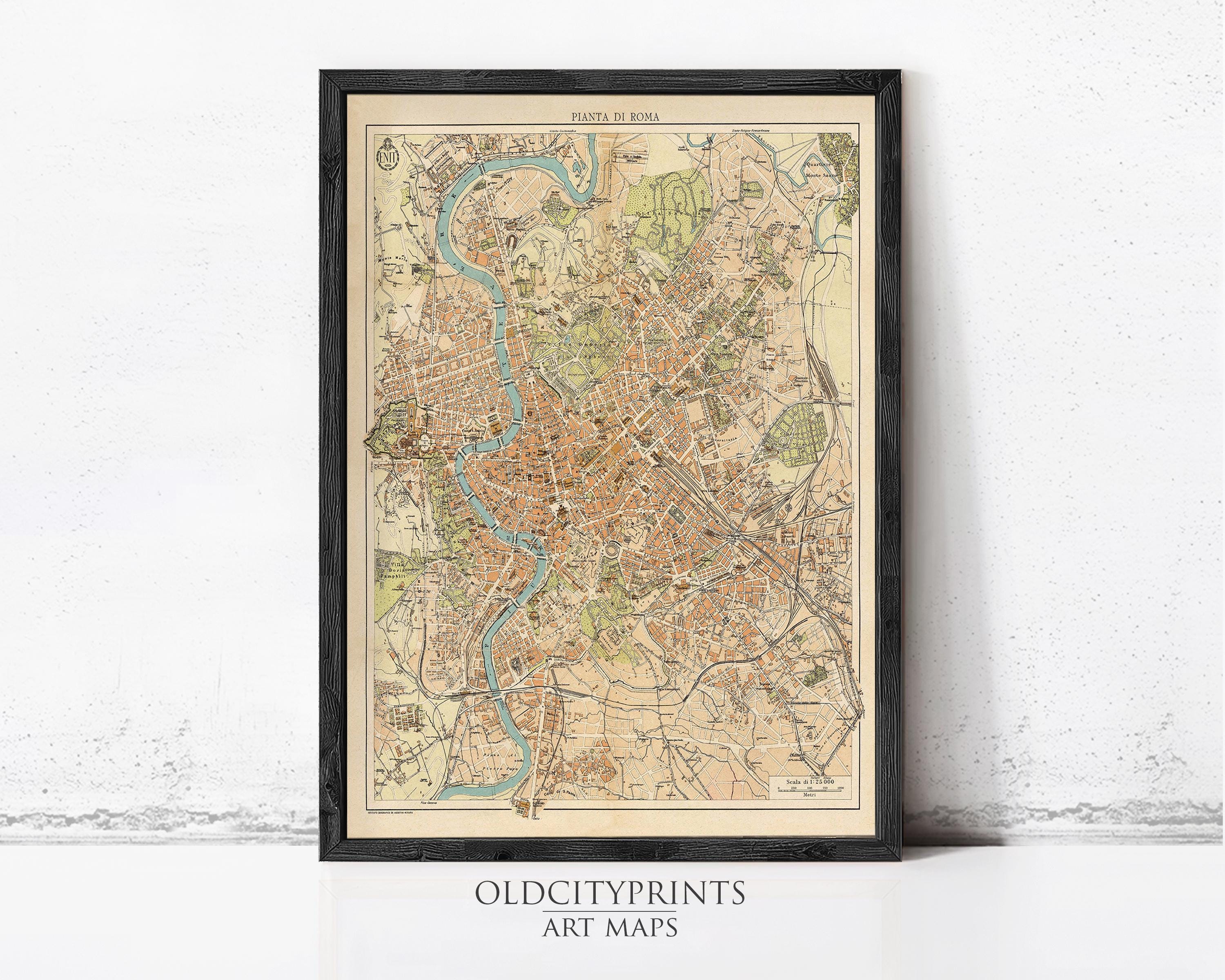 The image is a framed vintage map of Rome, Italy, depicting the city's streets, landmarks, and surrounding areas.