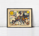 The image is a framed vintage map of Europe, featuring various landmarks, symbols, and illustrations.