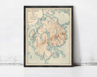 The image is a framed vintage map of Mount Desert Island, Maine, depicting the island's geographical features and surrounding areas.