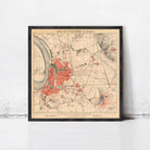 The image is a framed vintage map of Dusseldorf, Germany, depicting the city's layout and surrounding areas.