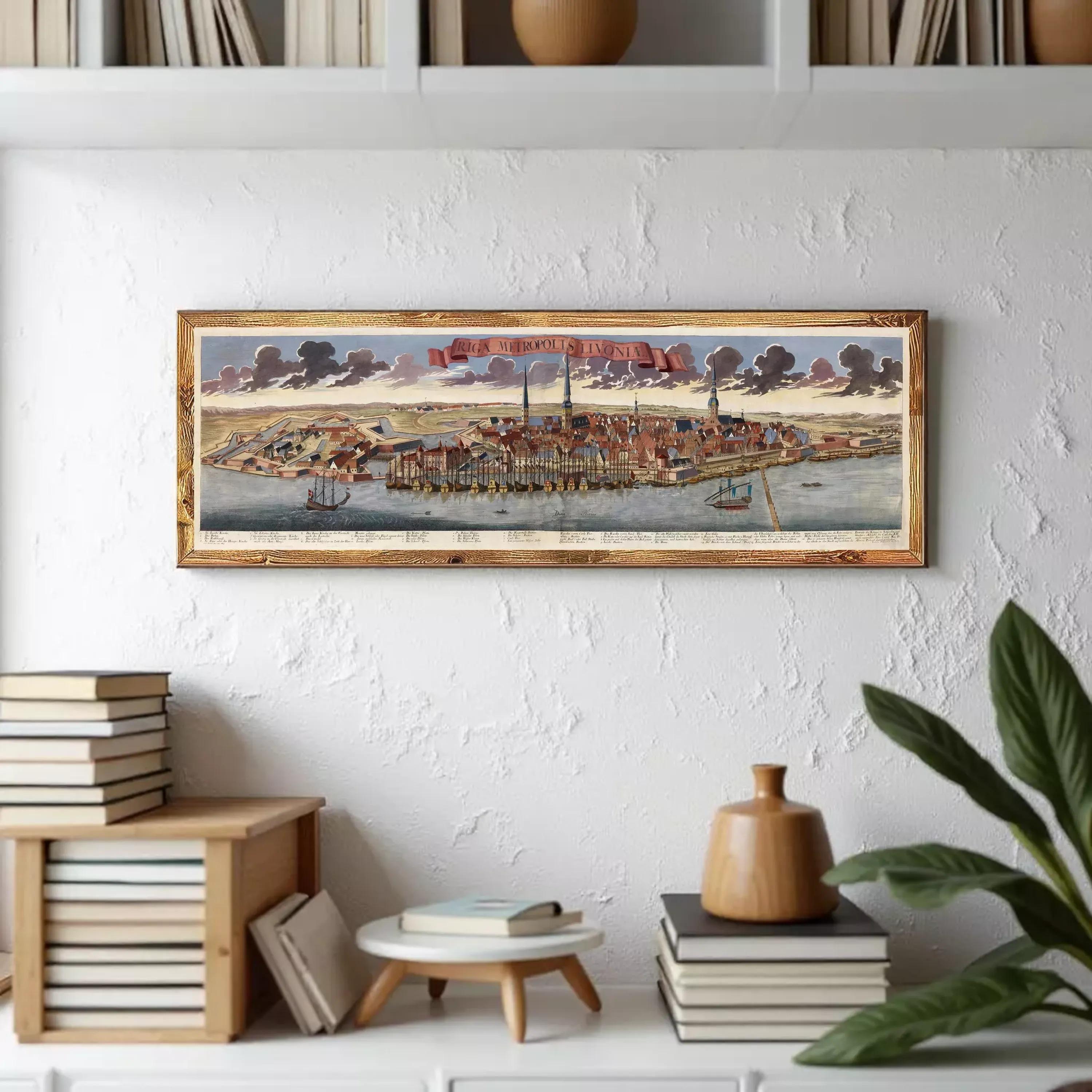 A framed painting depicting a cityscape with boats and buildings in the background.