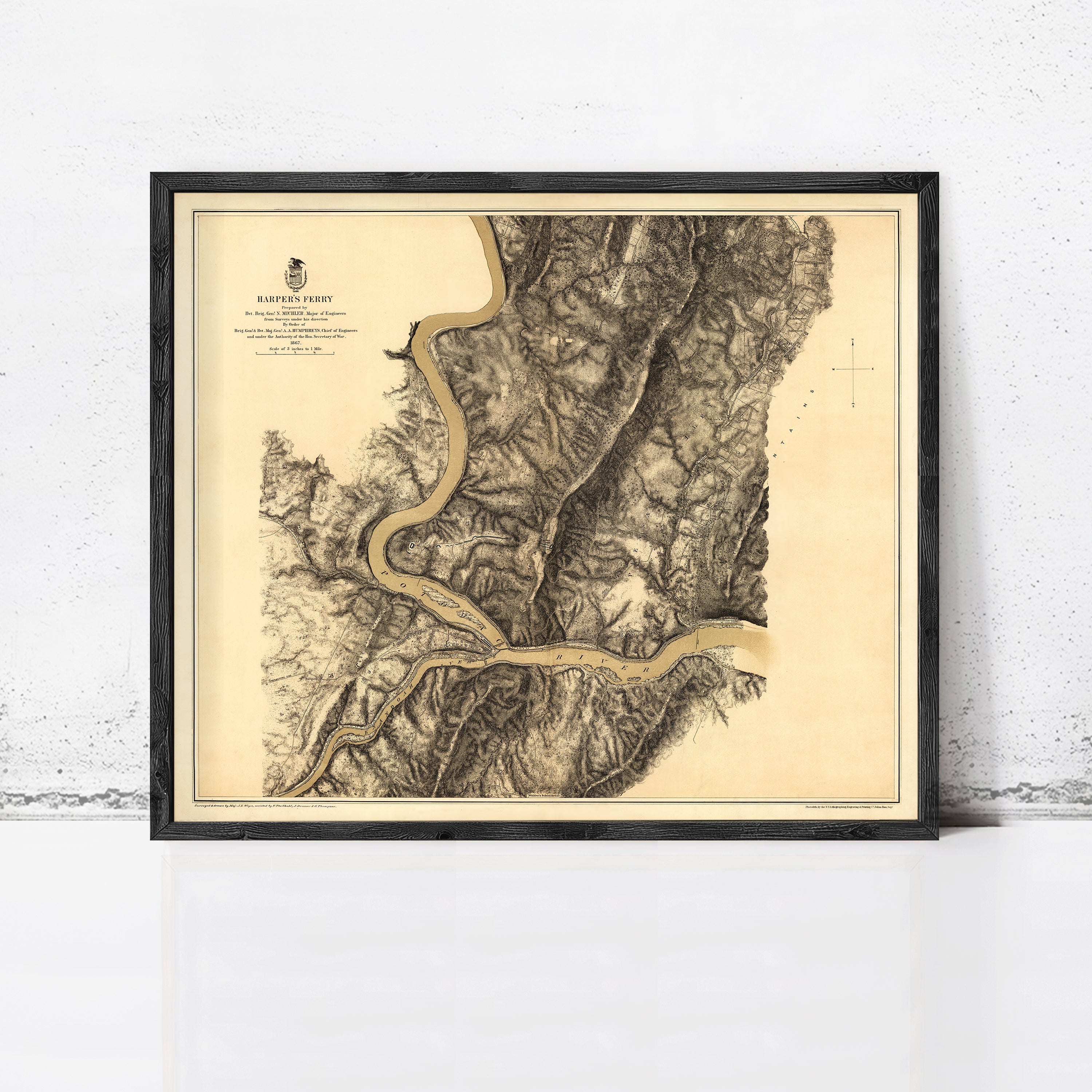 The image is a framed historical map of the Mississippi River and its surrounding areas, depicting the river's course and the surrounding landscape.