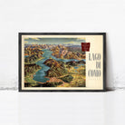 The image is a framed vintage map of Lago di Como, Italy, depicting the scenic lake surrounded by mountains and hills.