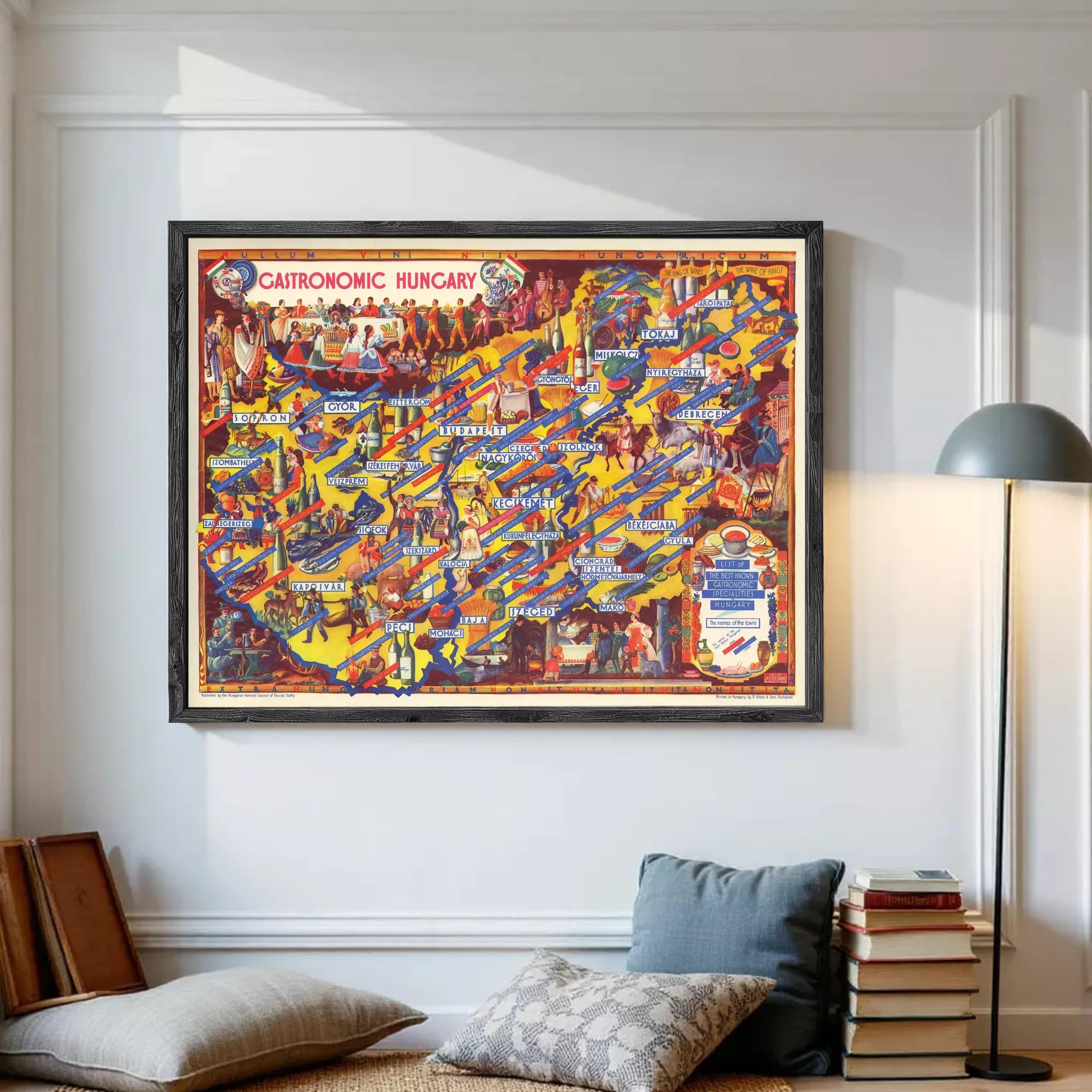 The image is a framed poster or map of the gastronomic region of Hungary, featuring various food-related icons and labels.