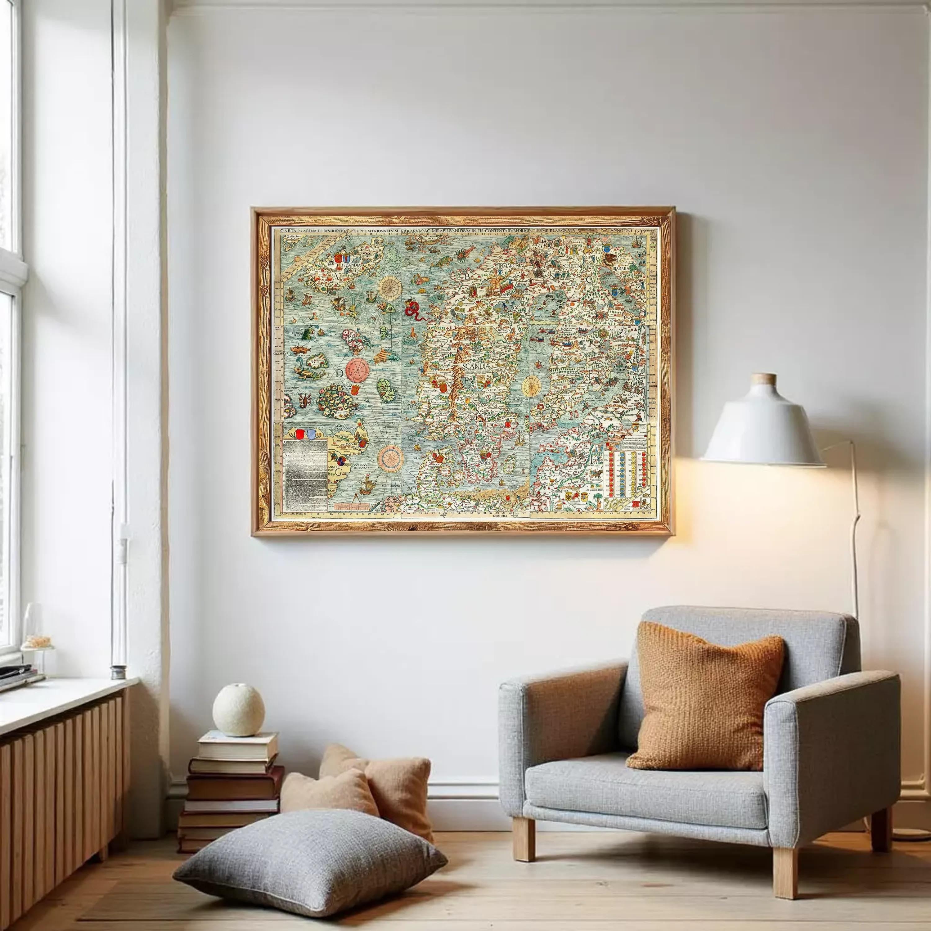 The image is a framed vintage map of Europe, featuring intricate illustrations and detailed geographical information.
