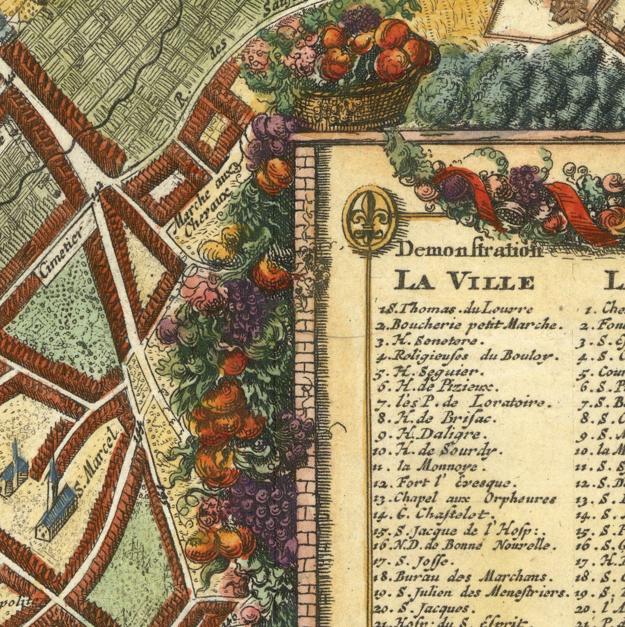 The image is a detailed map of a city, showing streets, buildings, and various landmarks. The map is colorful and ornate, with illustrations of fruits and vegetables. The text on the map provides information about the city, including the names of streets and locations.