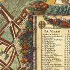 The image is a detailed map of a city, showing streets, buildings, and various landmarks. The map is colorful and ornate, with illustrations of fruits and vegetables. The text on the map provides information about the city, including the names of streets and locations.