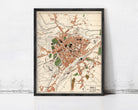 The image is a framed map of a city, depicting various landmarks and streets.