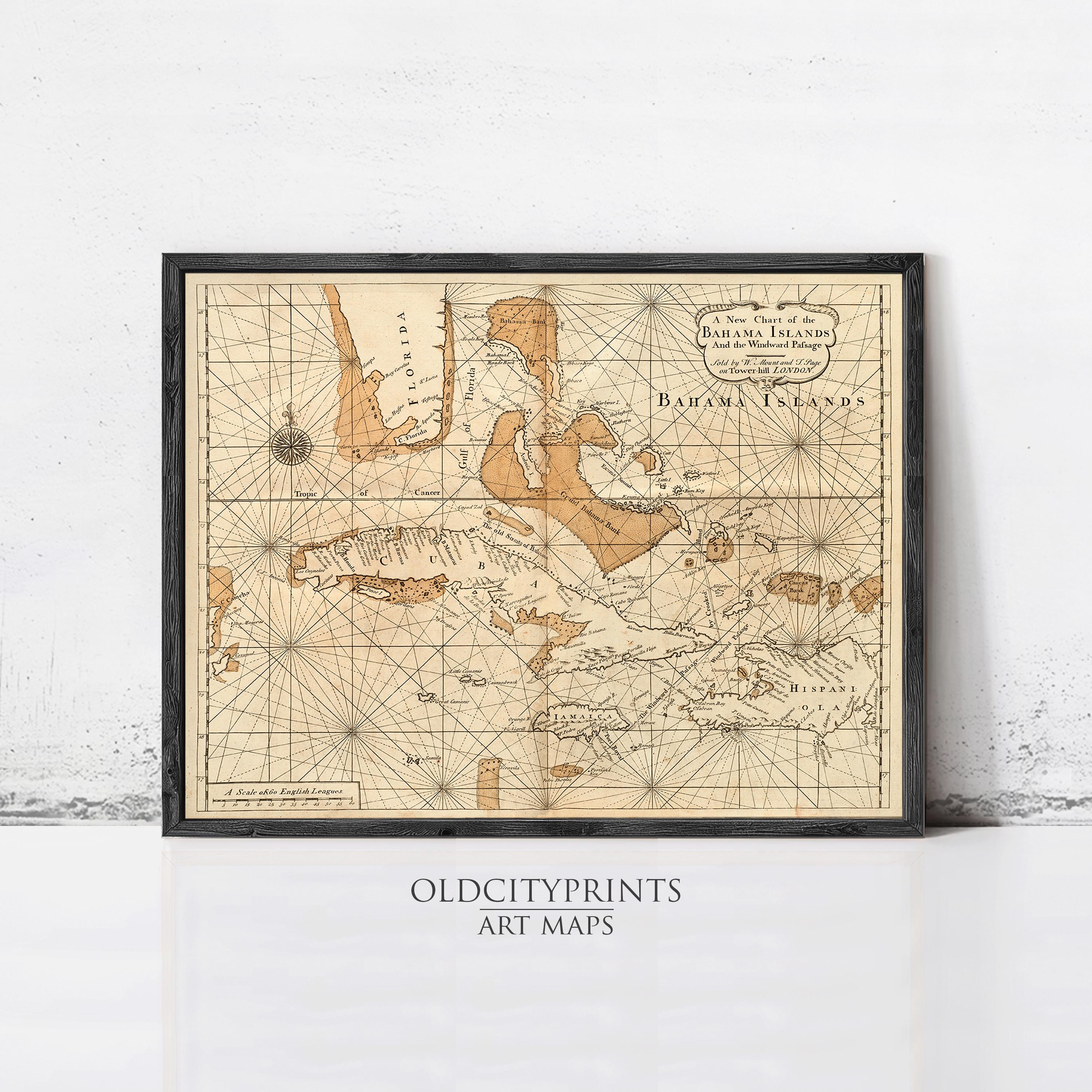 The image is a framed antique map of the Bahamas Islands, featuring intricate cartography and geographical details.