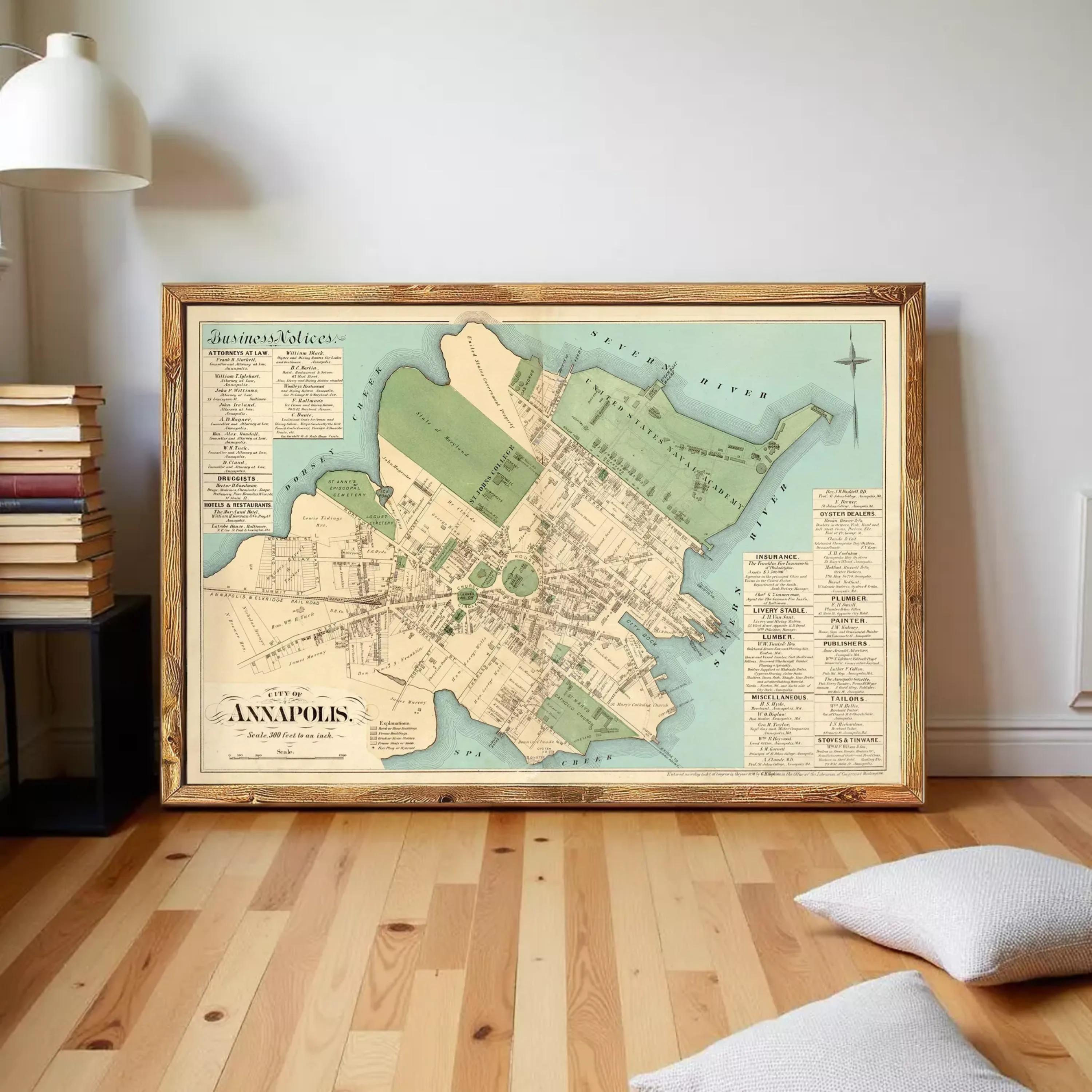 The image is a framed map of Annapolis, Maryland, showing the city's layout and surrounding areas.