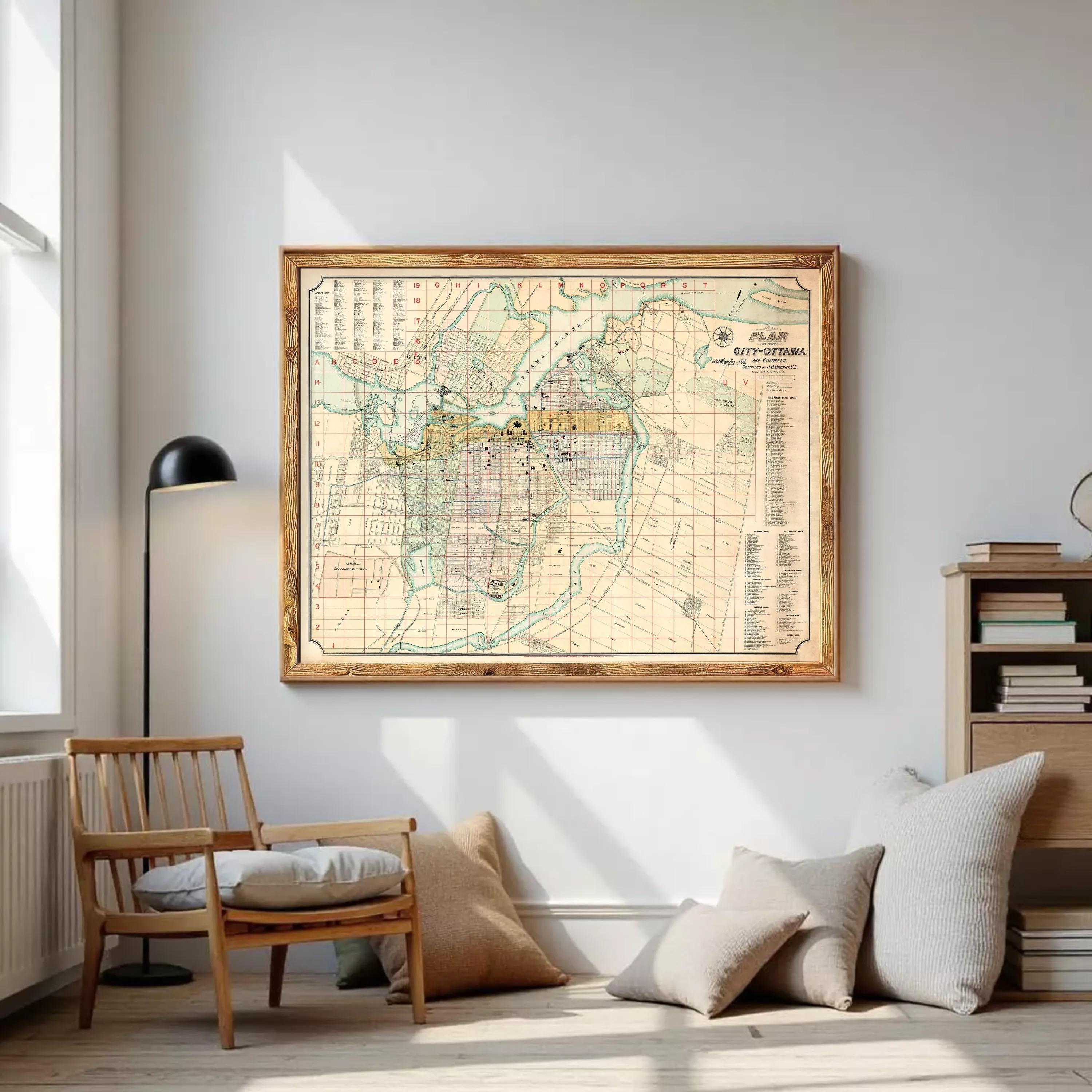 The image is a framed map of a city, likely of Ottawa, Canada, with various streets, landmarks, and other geographical features depicted.