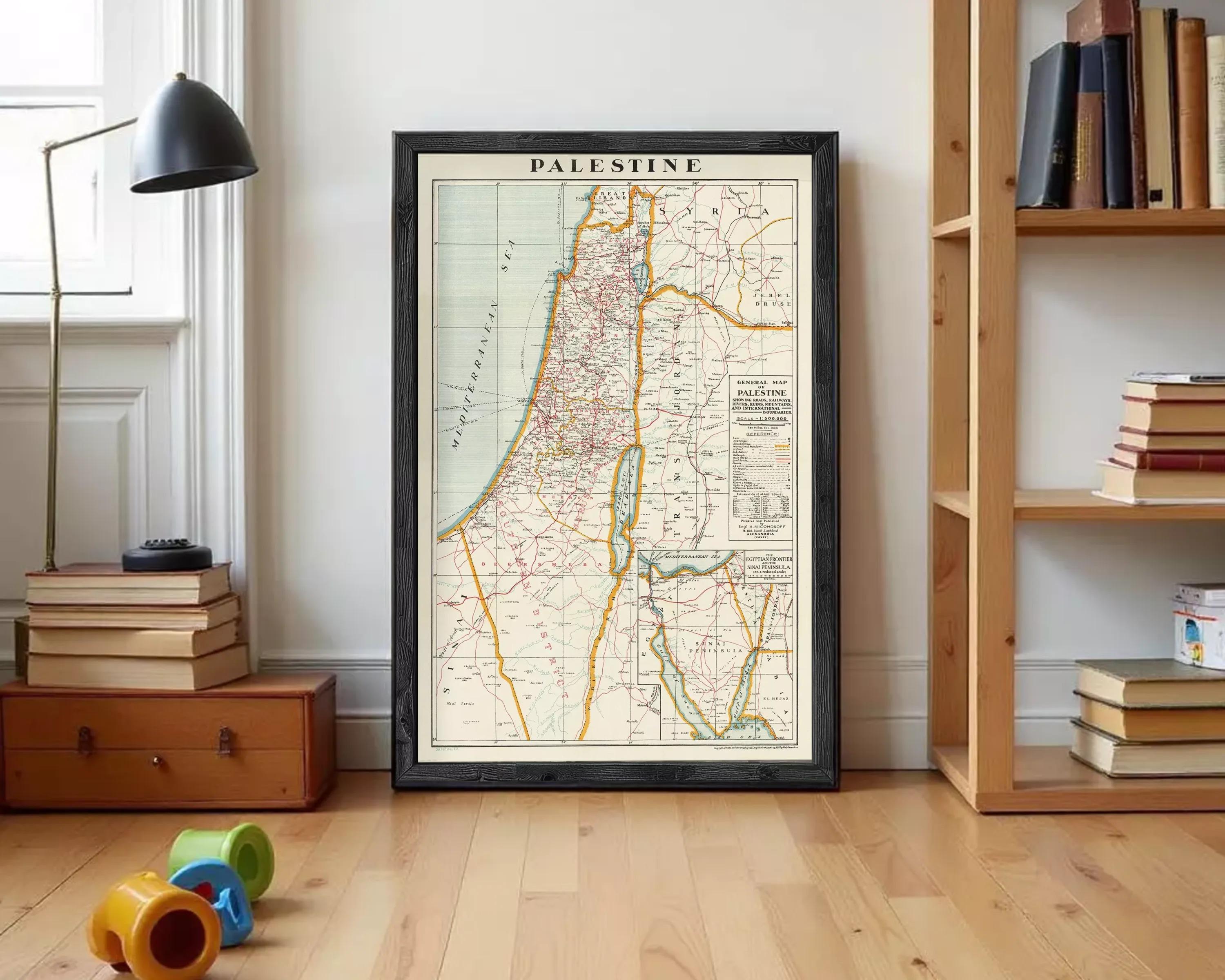 The image is a framed vintage map of Palestine, depicting the country's geographical layout and boundaries.