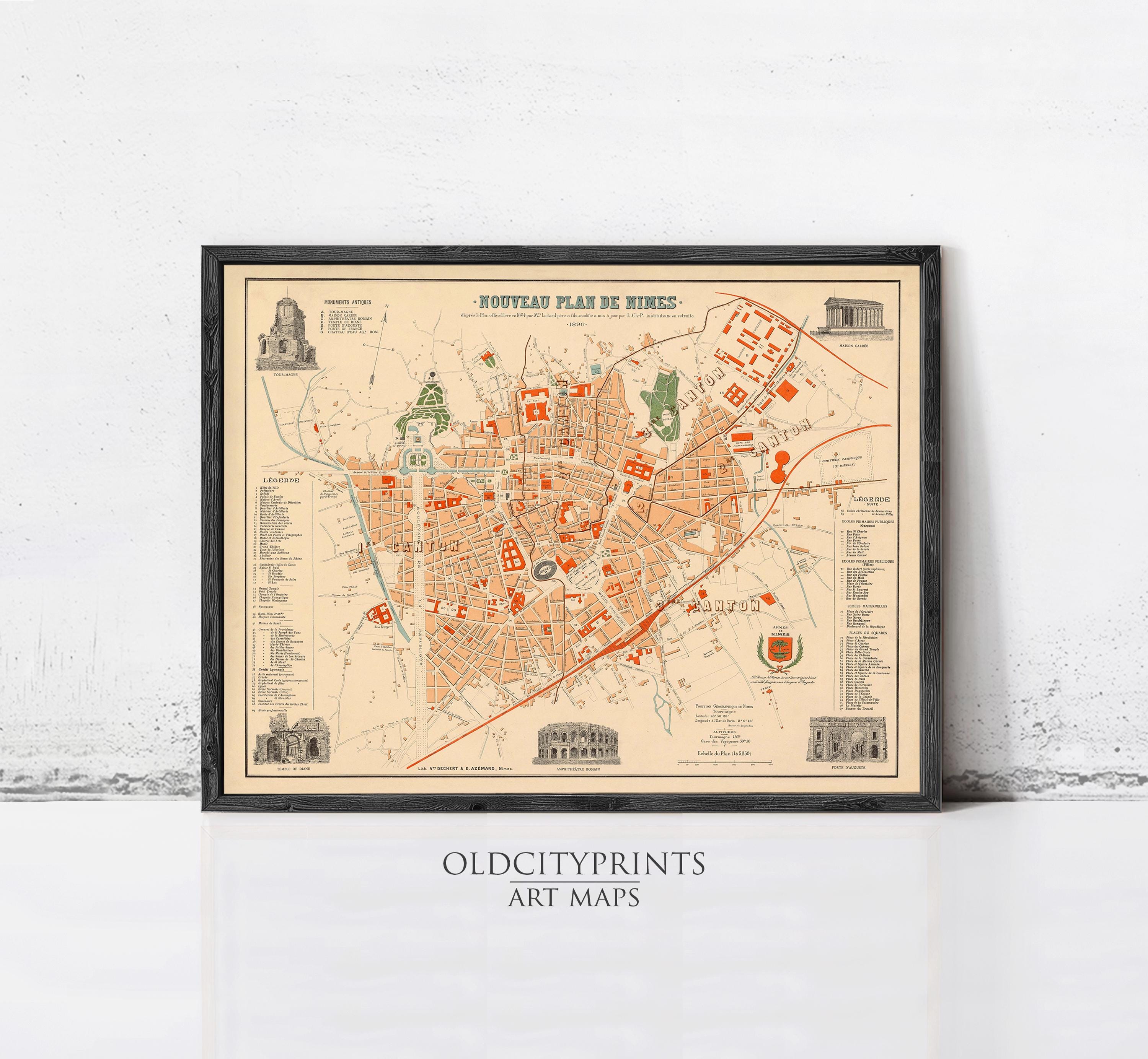 The image is a framed vintage map of a city, likely from the 19th century, with various landmarks and buildings depicted.
