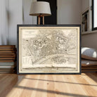 The image is a framed antique map of Frankfurt, Germany, depicting the city's layout and surrounding areas.